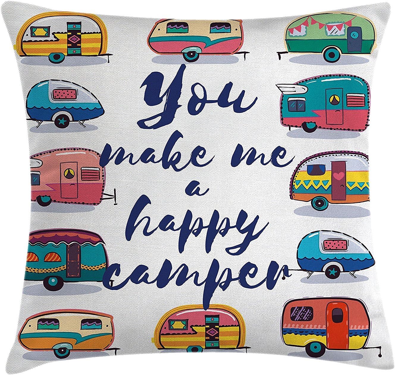 DIYCCY Camper Throw Pillow Cushion Cover You Make Me Happy Camper Motivational Quote with Caravans Retro Style Travel Graphic Decorative Square Accent Pillow Case 18 X 18 Inches