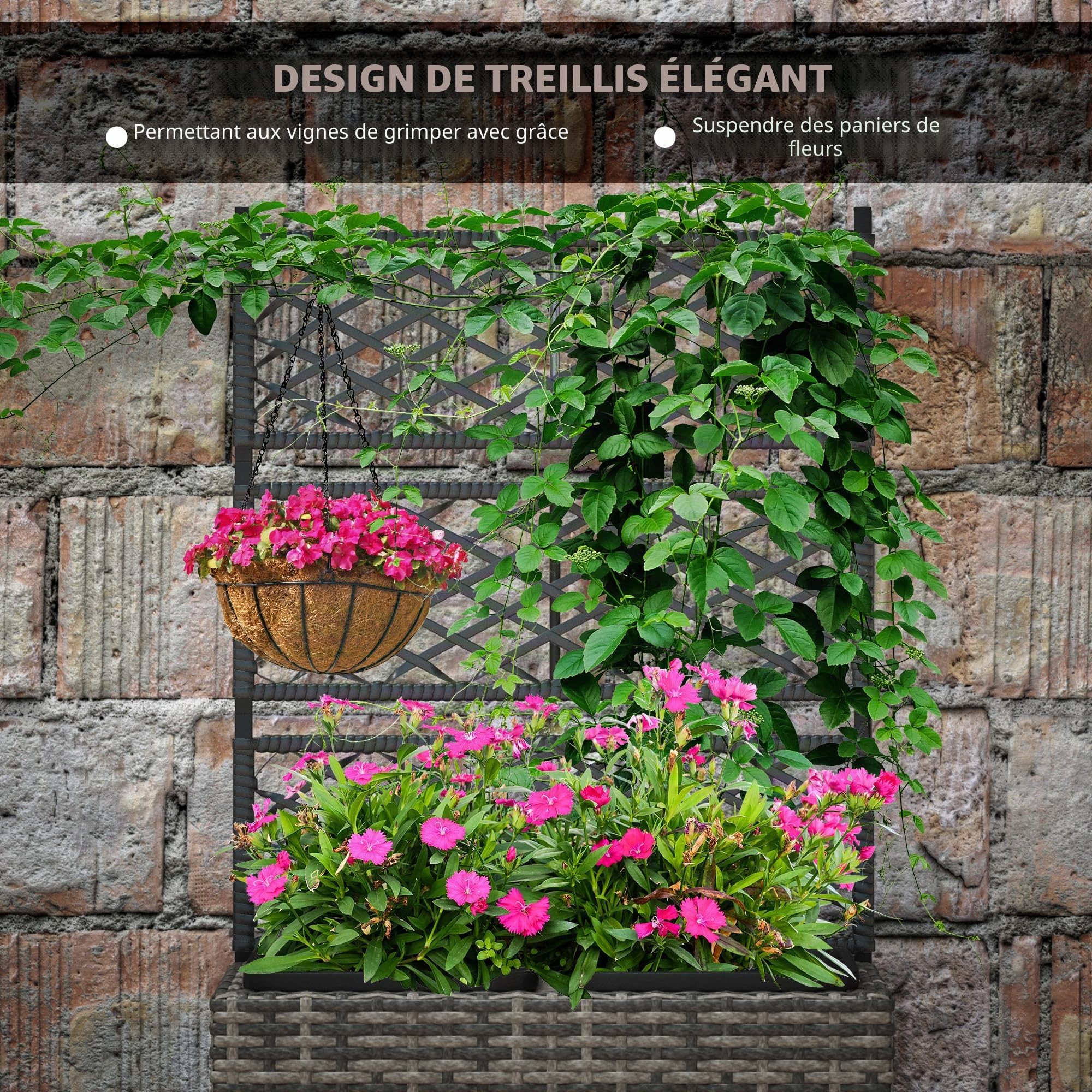 Outsunny 22 L Rotin Jardinière avec Treillis 57x30x107cm Gris mélangé