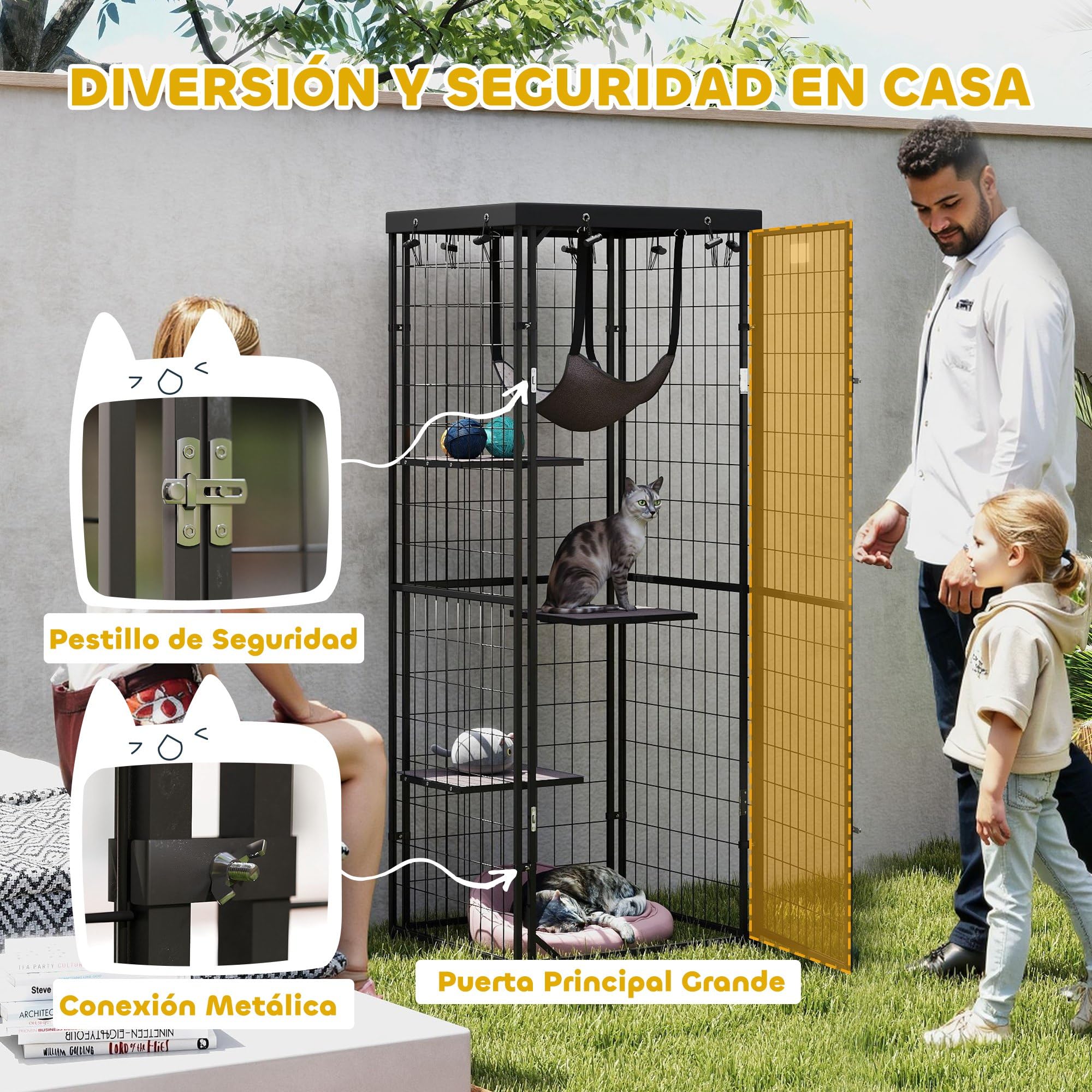 PawHut Jaula para Gatos para Exterior e Interior Recinto para Gatos con Cubierta Impermeable 3 Plataformas Hamaca Cojines y Puerta 61,5x55x157 cm Negro
