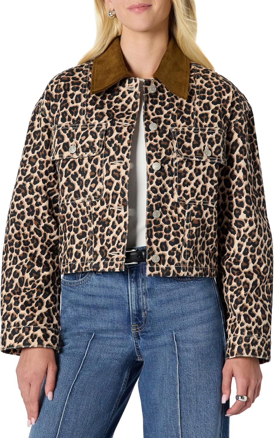 Amazon Essentials (Demi's Pick) Women's Oversized-Fit Cropped Denim Jacket with Contrast Collar