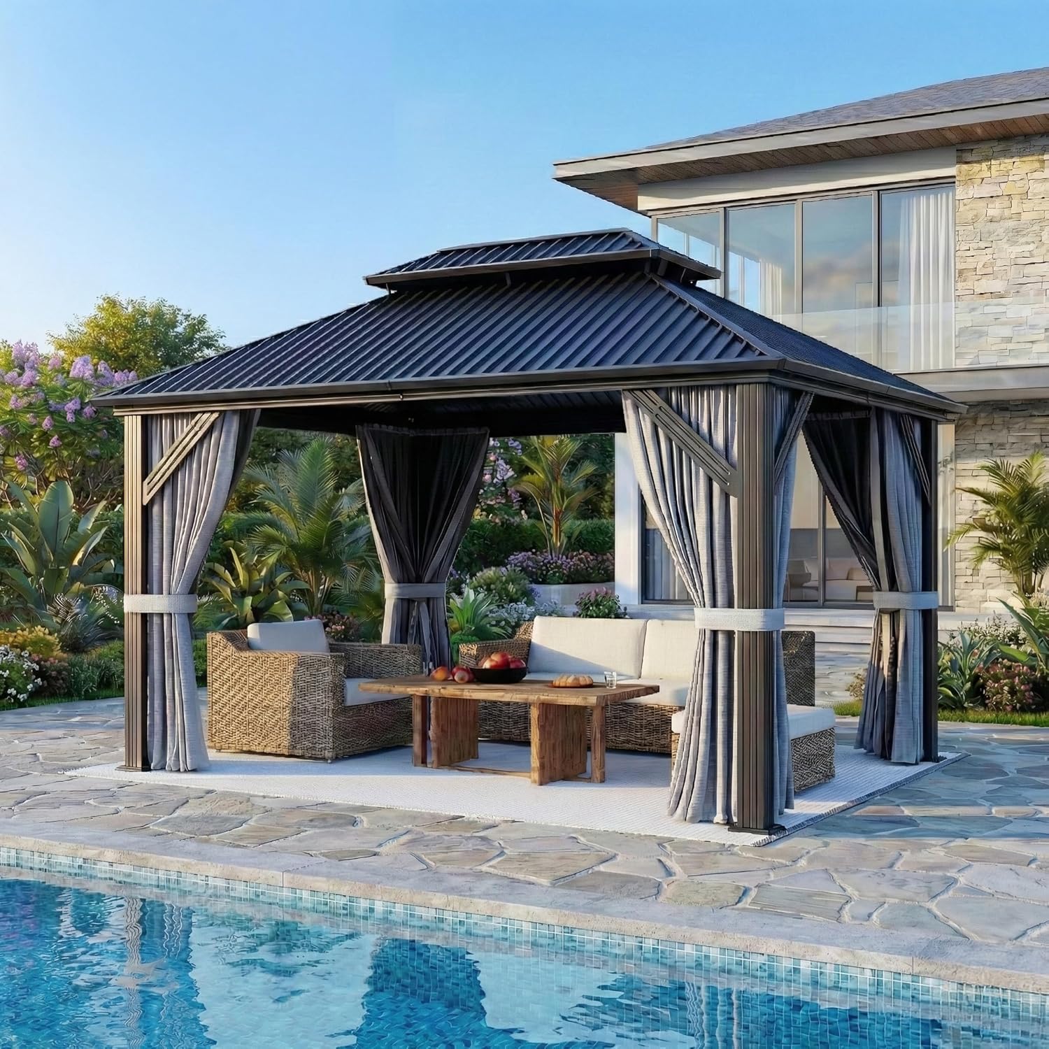 10’x12′ Gazebo Hardtop Gazebo, Aluminum Pergola with Double Galvanized Steel Roof, Permanent Outdoor Metal Canopy with Curtain and Netting for Patio, Backyard, Deck,Grey