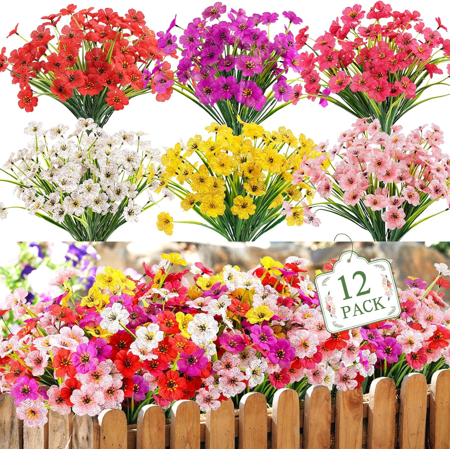 MACTING 12 Bundles Artificial Spring Flowers for Outdoors UV Resistant Fake Flowers Faux Plastic Plants No Fade for Planters Window Patio Porch Yard Garden Indoor Outdoor Decorations(Mix Color-1)