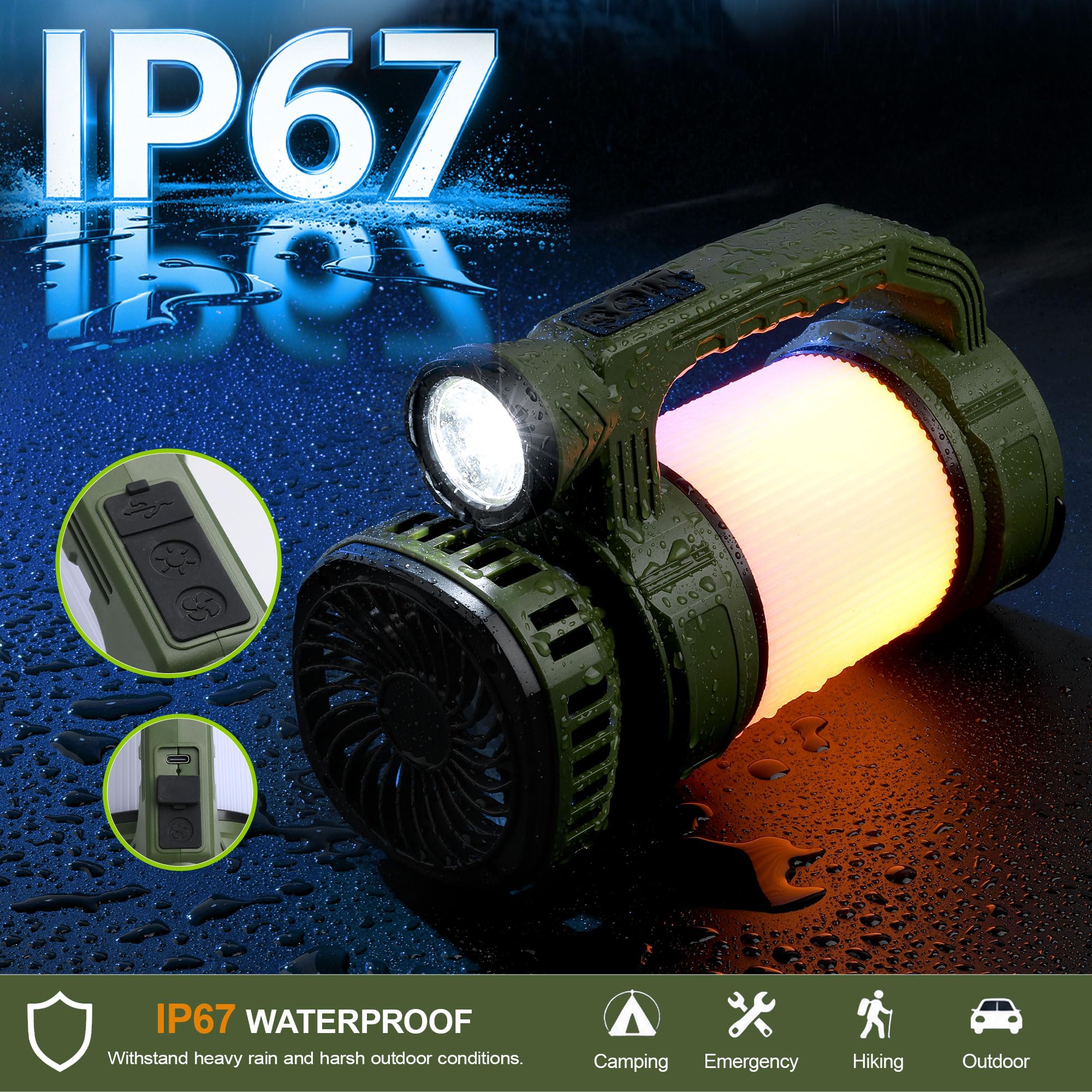 Linterna LED recargable de camping con foco de linterna, 1000 lúmenes, 3600 mAh, carga solar y USB, cabezal giratorio de 100°, resistente al agua, verde