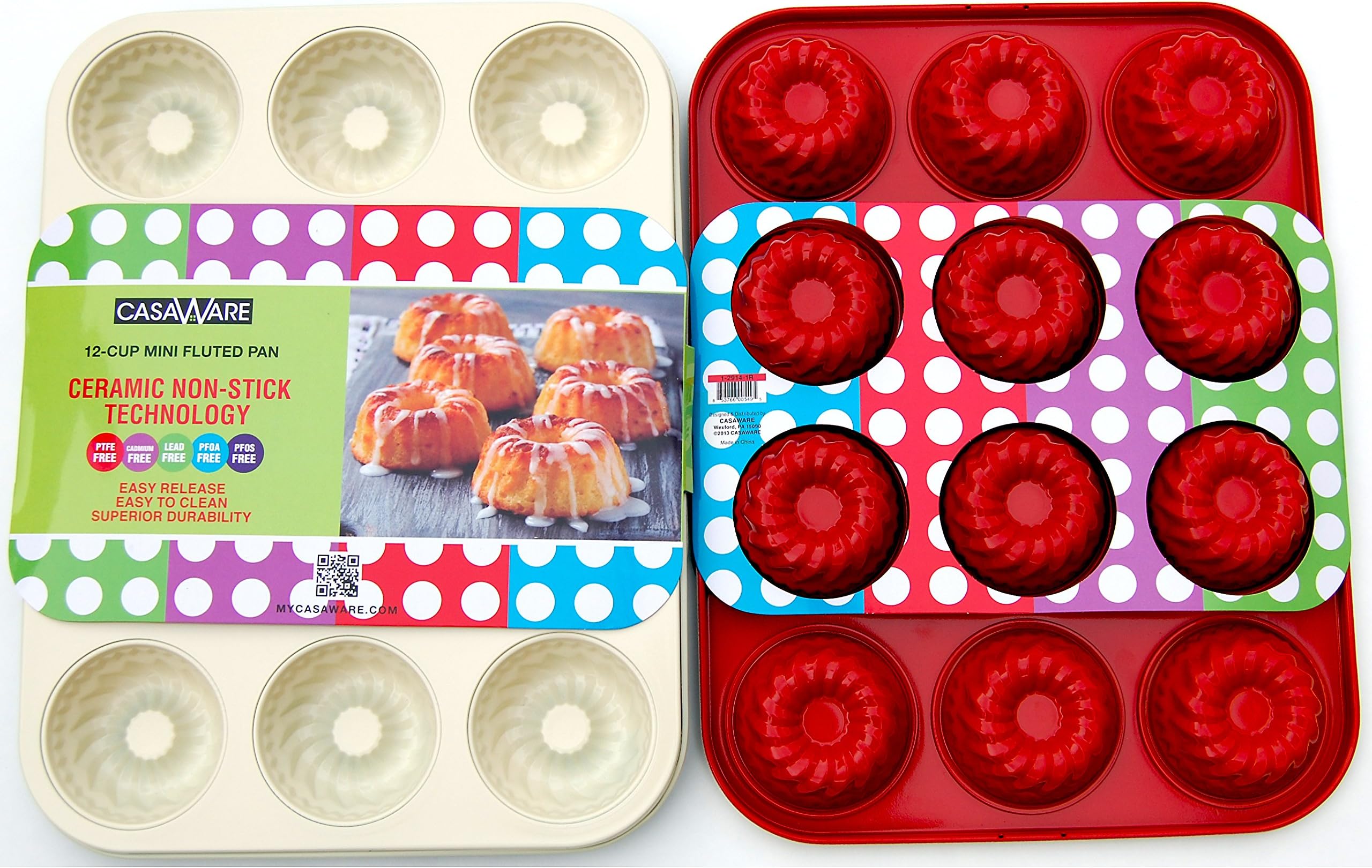 casaWare Mini Fluted 12 Cup Cake Pan Ceramic Coated Non-Stick (Cream/Red)