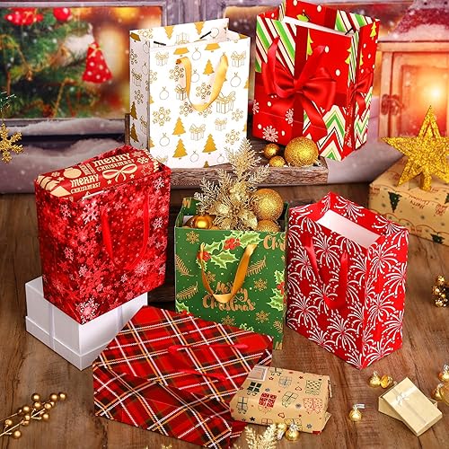 Miniatura 4 de Hillban 12 bolsas de regalo medianas de Navidad con asas de cinta, bolsas a granel de Navidad con impresiones de Navidad, bolsas de golosinas de