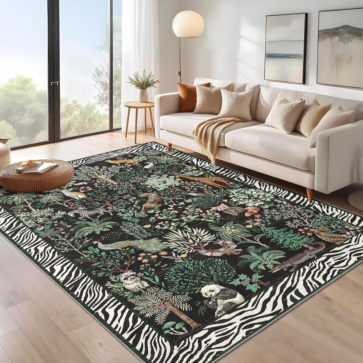 8x10 Area Rugs for Living Room Jungle Rug Washable Rug Animal Rugs for Bedroom Stain Resistant Throw Carpet Low Pile Folding Floor Cover for Nursery Playroom Apartment，Black