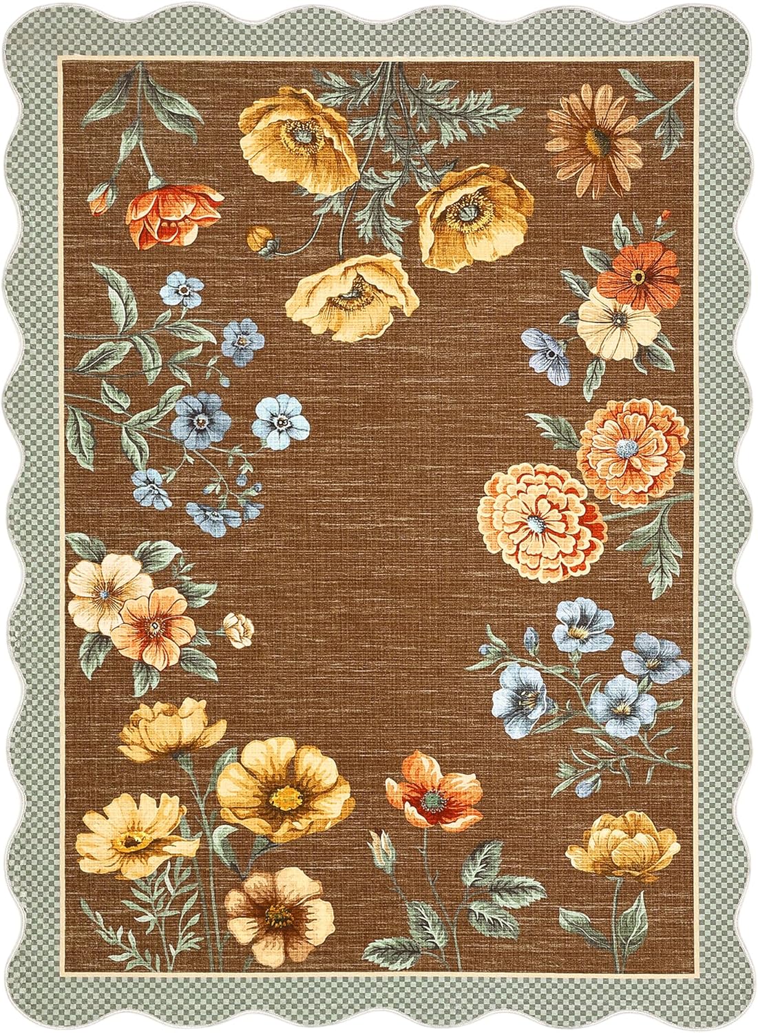 GarveeHome Floral Botanical Rug, Ultra-Thin Soft 3x5 Scalloped Area Rug, Non-Slip 3x5 Washable Rugs for Bedroom Stain Resistant Boho Low-Pile Brown Rug for Dining Room Playroom Nursery, Coffee