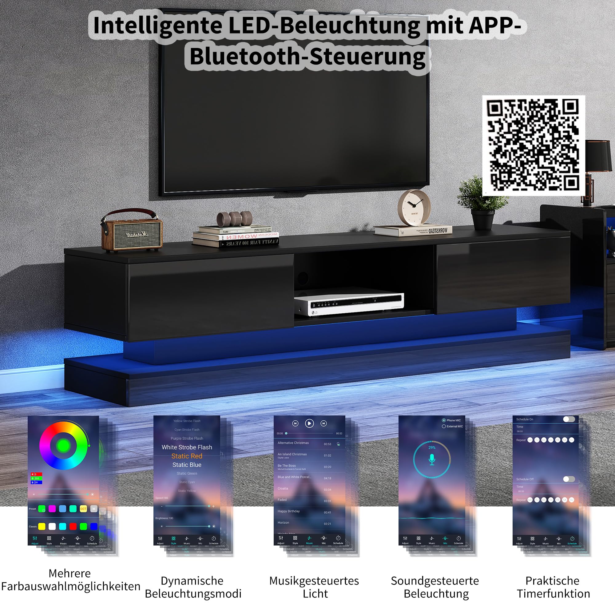 Mobile TV lucido con illuminazione a LED porta TV 2 cassetti controllo app design antiribaltamento credenza bassa per TV fino a 60 pollici mobile TV per soggiorno pannello TV nero 160 cm