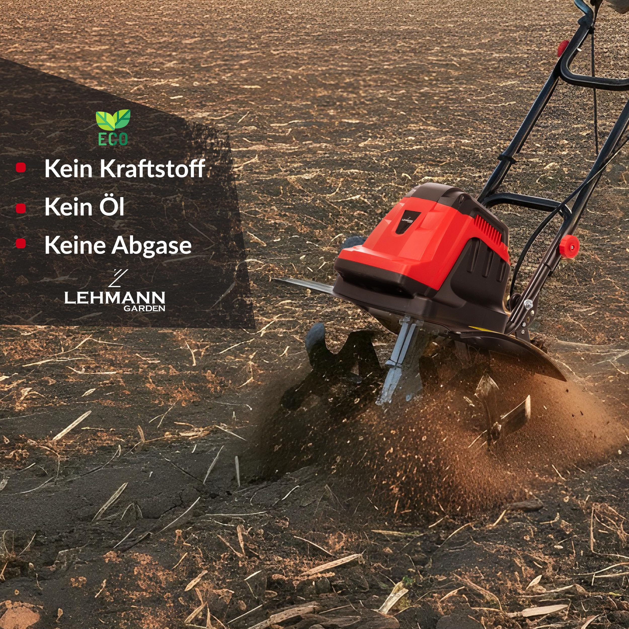 LEHMANN Elektro Bodenhacke, 1800 W, Motorhacke mit 45 cm Arbeitsbreite & 22 cm Arbeitstiefe, 24 Messer, klappbarer Holm, Gartenfräse mit Transporträdern zum Umgraben und Auflockern, Rot/Schwarz