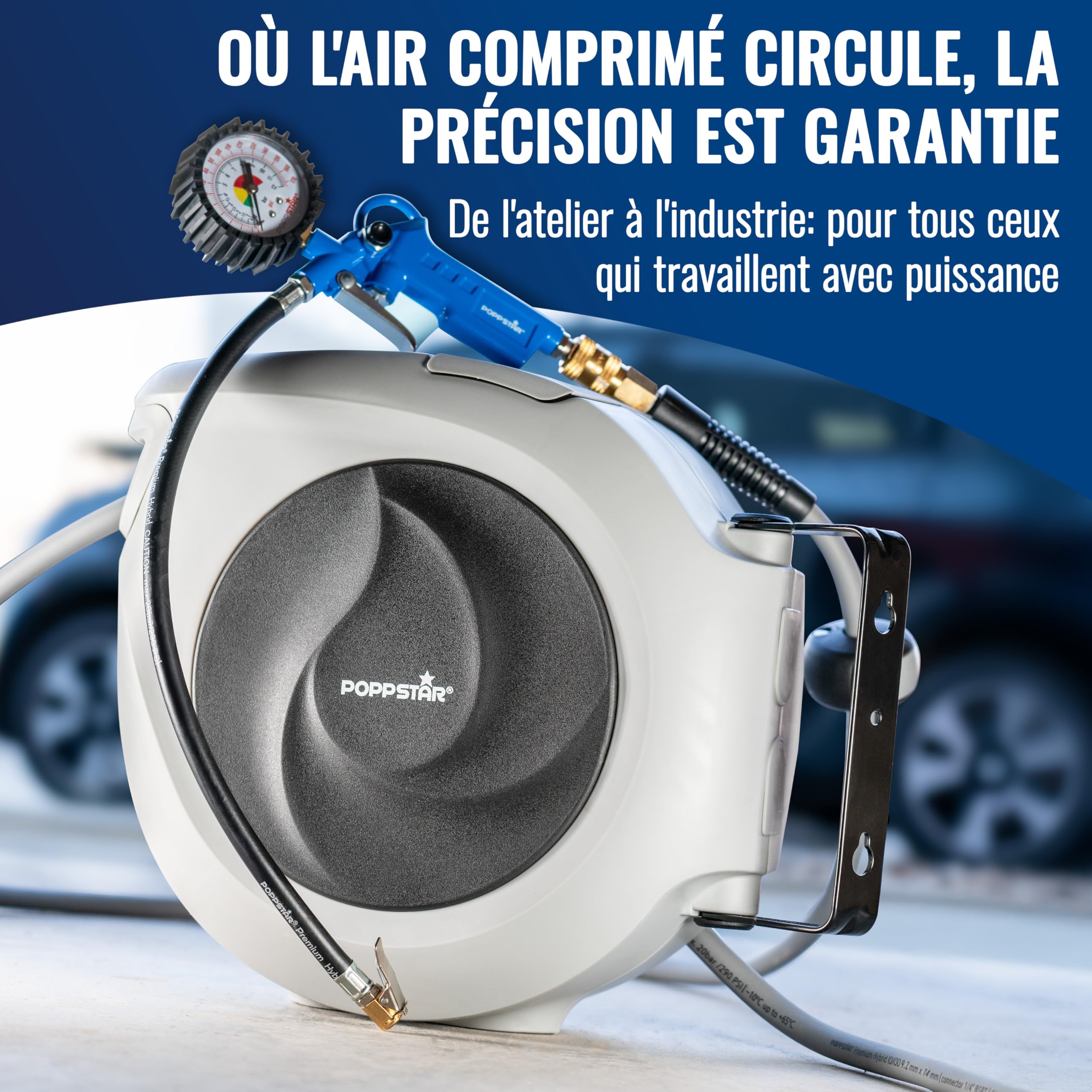 Poppstar Enrouleur de Tuyau d'Air Comprimé (15m + 1,1m, diamètre 3/8" (9,2x14mm)), Raccord 1/4" BSPT, avec Tuyau Hybride en PVC