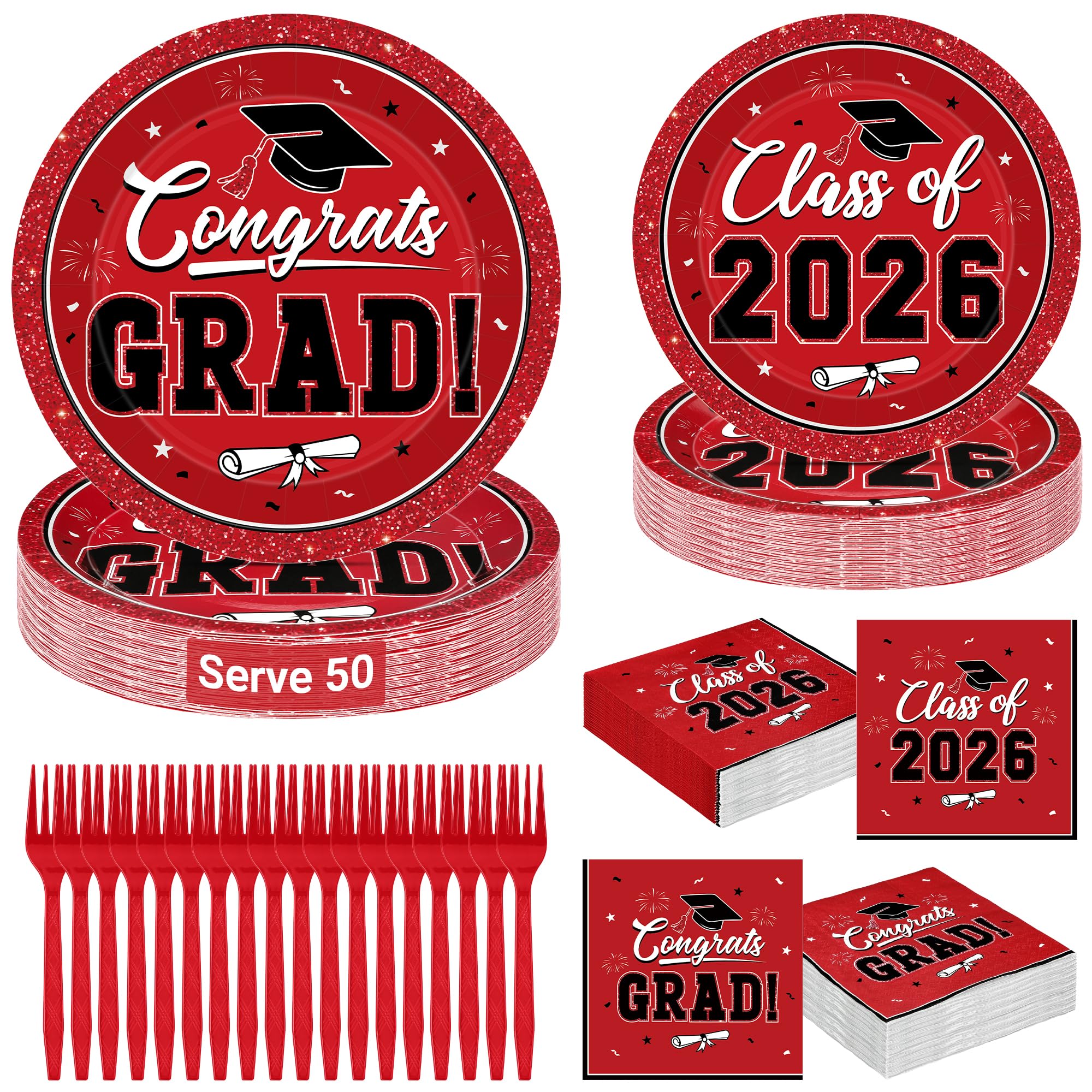 QZYL 200Pcs Graduation Supplies Set 2026, Red Graduation Plates, Napkins, Dessert Plates and Plastic Forks for 50 Guests, Grad Party Disposable Tableware for Wedding, Birthday, Graduation