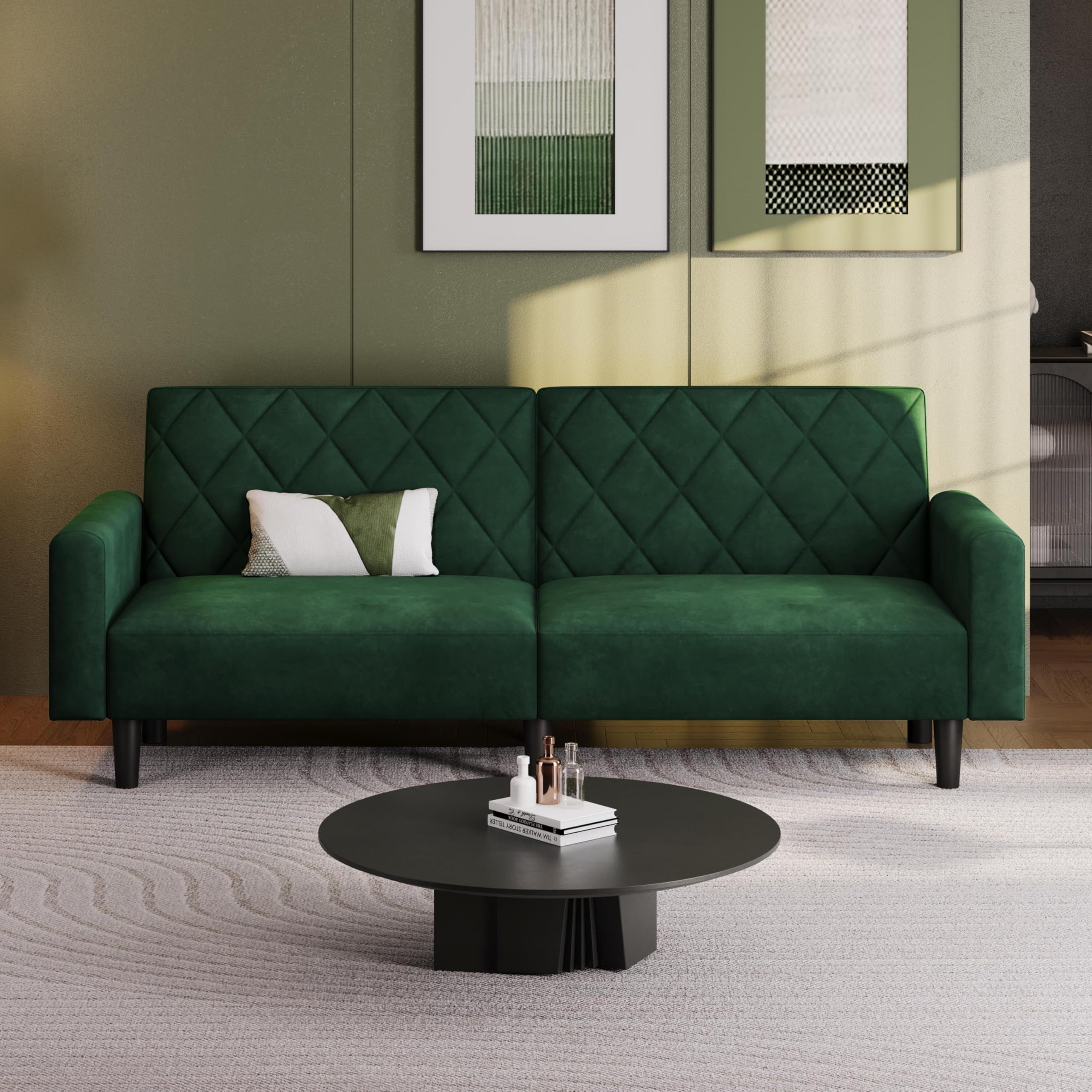 Yaheetech Divano Reclinabile Divanetto Trasformabile a 2 Posti Sofa Matrimoniale con Braccioli Mobile Imbottito in Velluto per Soggiorno Ufficio Salotto 159 × 94 × 52,5 cm Verde