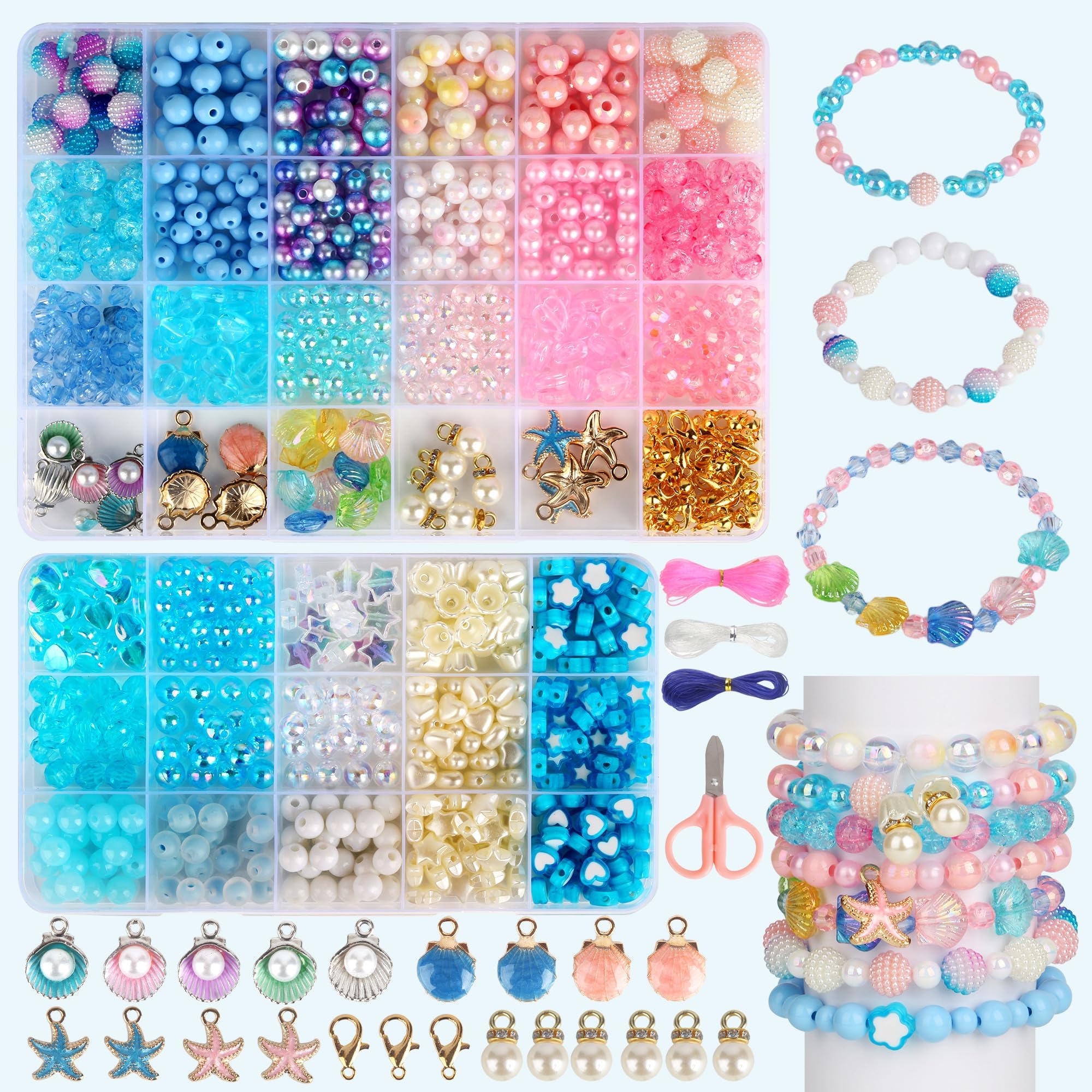 YiyouYi 2 Sets Bracelet Making Kits for Girls, 39-Colour Ocean Series Jewellery Making Kit, 6～12mm Beads for Bracelet Making, Suitable for Children Aged 4 and Above, Crafts and Gifts