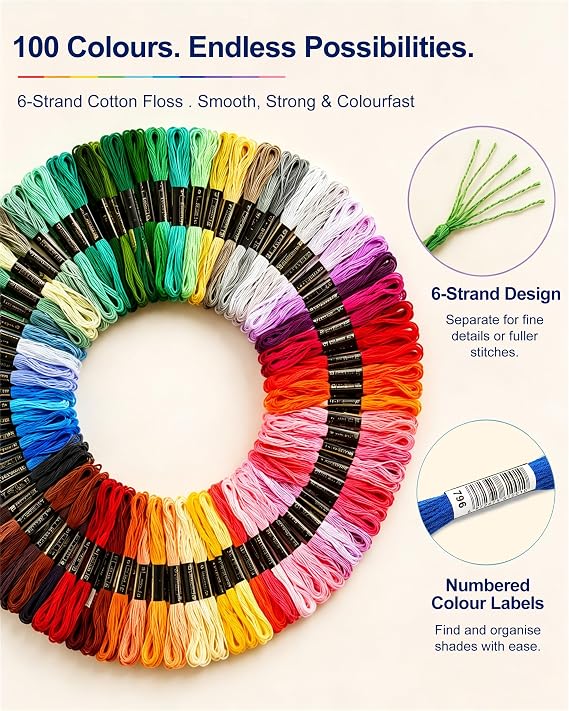 MAKEASY Embroidery Starter Kit 205PCS, Cross Stitch Kits with 100 Colors Embroidery Threads, 3PCS Aida Fabric, 5PCS Bamboo Embroidery Hoops, Instruction for Adults & Kids Beginners