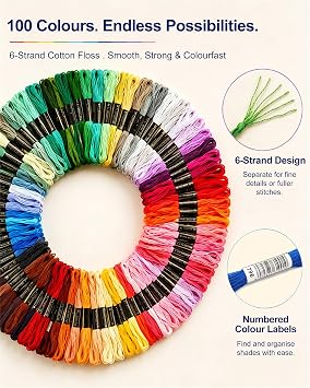 MAKEASY Embroidery Starter Kit 205PCS, Cross Stitch Kits with 100 Colors Embroidery Threads, 3PCS Aida Fabric, 5PCS Bamboo Embroidery Hoops, Instruction for Adults & Kids Beginners