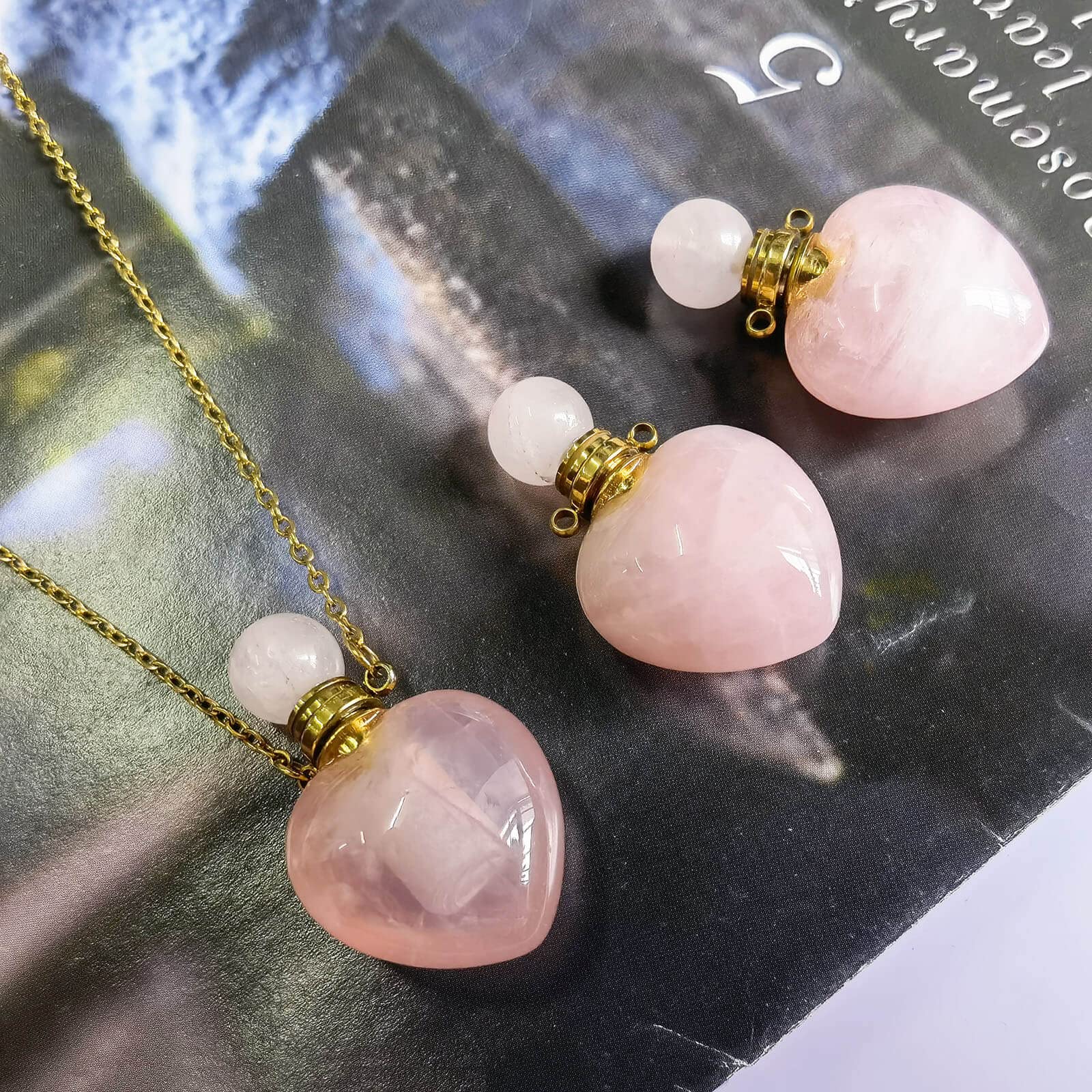 Amazon.com: Real Rose Quartz Perfume Bottle Necklace, Rose Quartz
