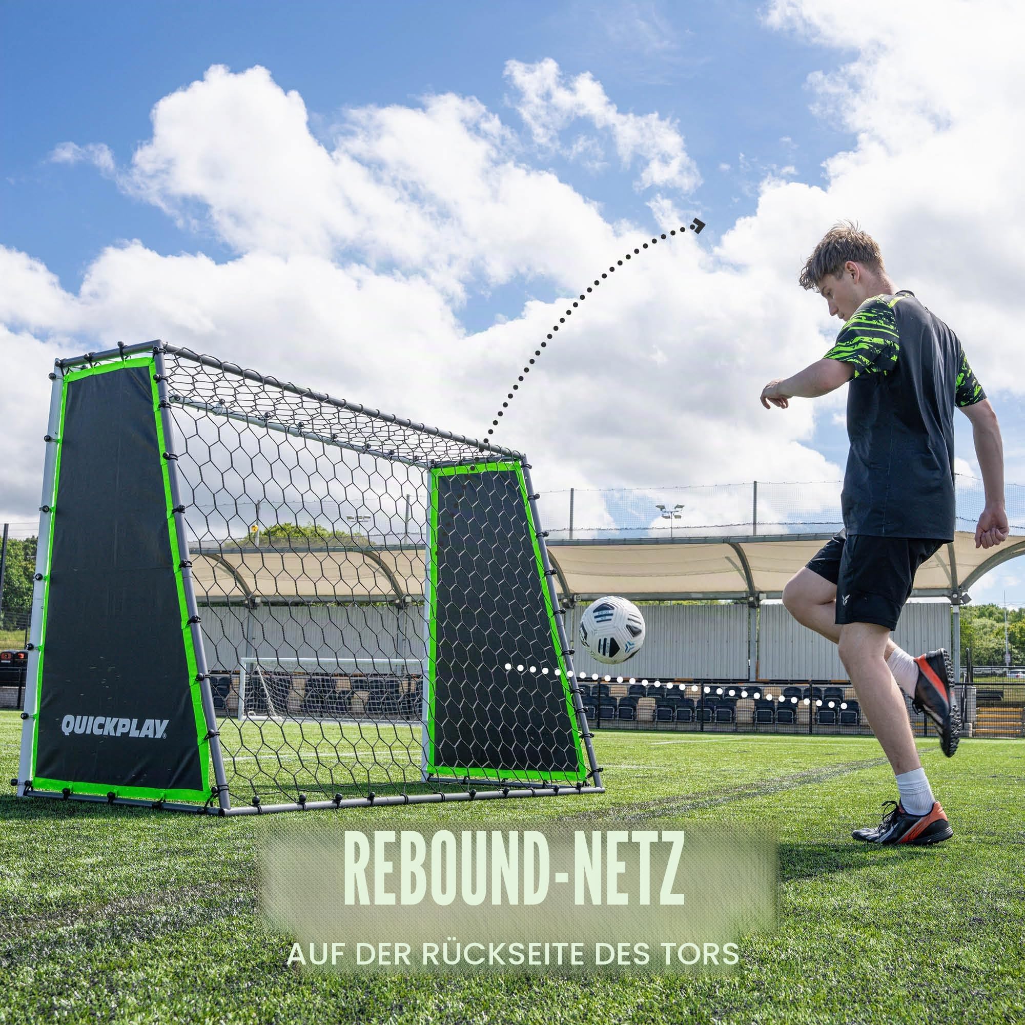 QuickPlay GS Trainer 210x150 cm Fußballtor und Rebounder für Fußball – 3-in-1 Fußball-Trainingszubehör mit Rückprallwand und Passiertrainer für Garten training, Schuss-, Pass- und Ballannahme Training