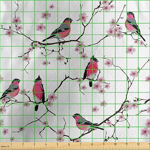 Miniatura 3 de Ambesonne Asian Fabric by The Yard, Sakura Flowers with Bullfinch Birds Branches Nature Animals Plants Spring Season, Decorative Satin Fabric for