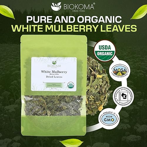 Miniatura 3 de Biokoma Hojas secas de morera blanca pura y orgánica, 1.76 oz (1.76 onzas) en bolsa resellable a prueba de humedad, certificado orgánico por USDA,