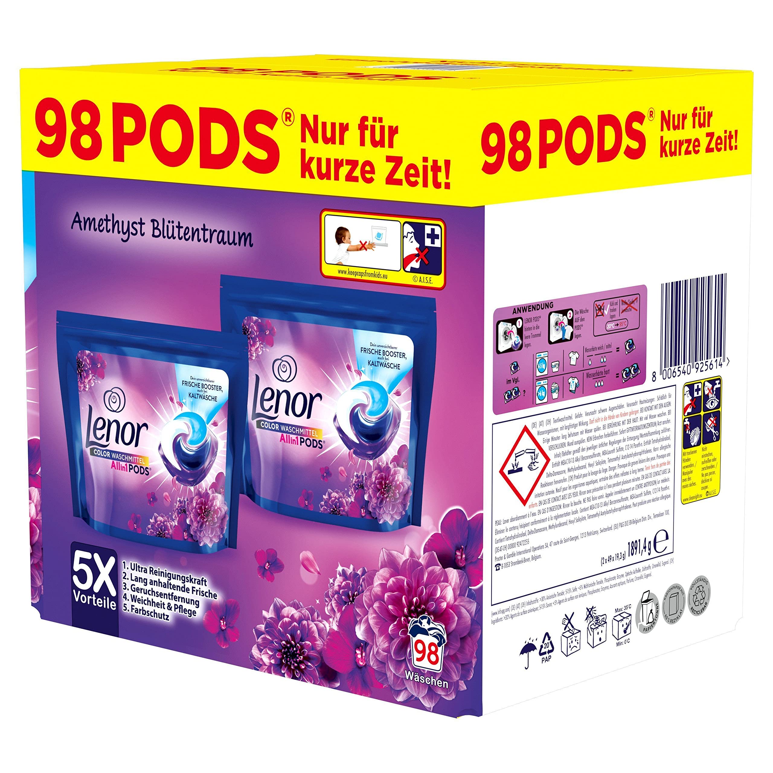 Lenor Colorwaschmittel Allin1 PODS Amethyst Blütentraum 98 Waschladungen, Hygienische Tiefenreinigung und Lang Anhaltende Frische