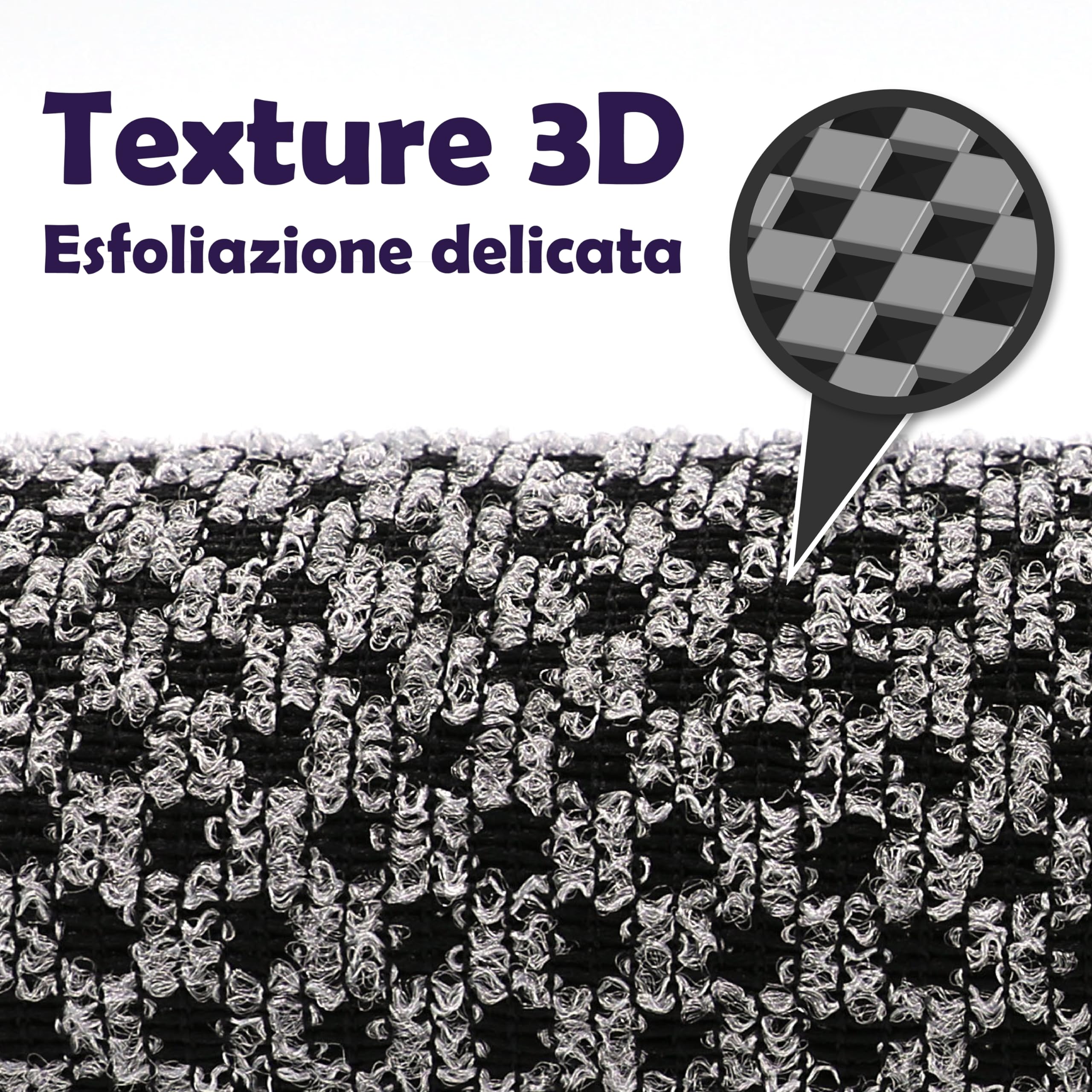 myHomeBody Set di 2 panni esfolianti extra lunghi, esfolianti per il corpo, asciugamano da doccia, panno da bagno lungo, texture 3D, ossidiana e uvetta, con spazzola per il viso in silicone