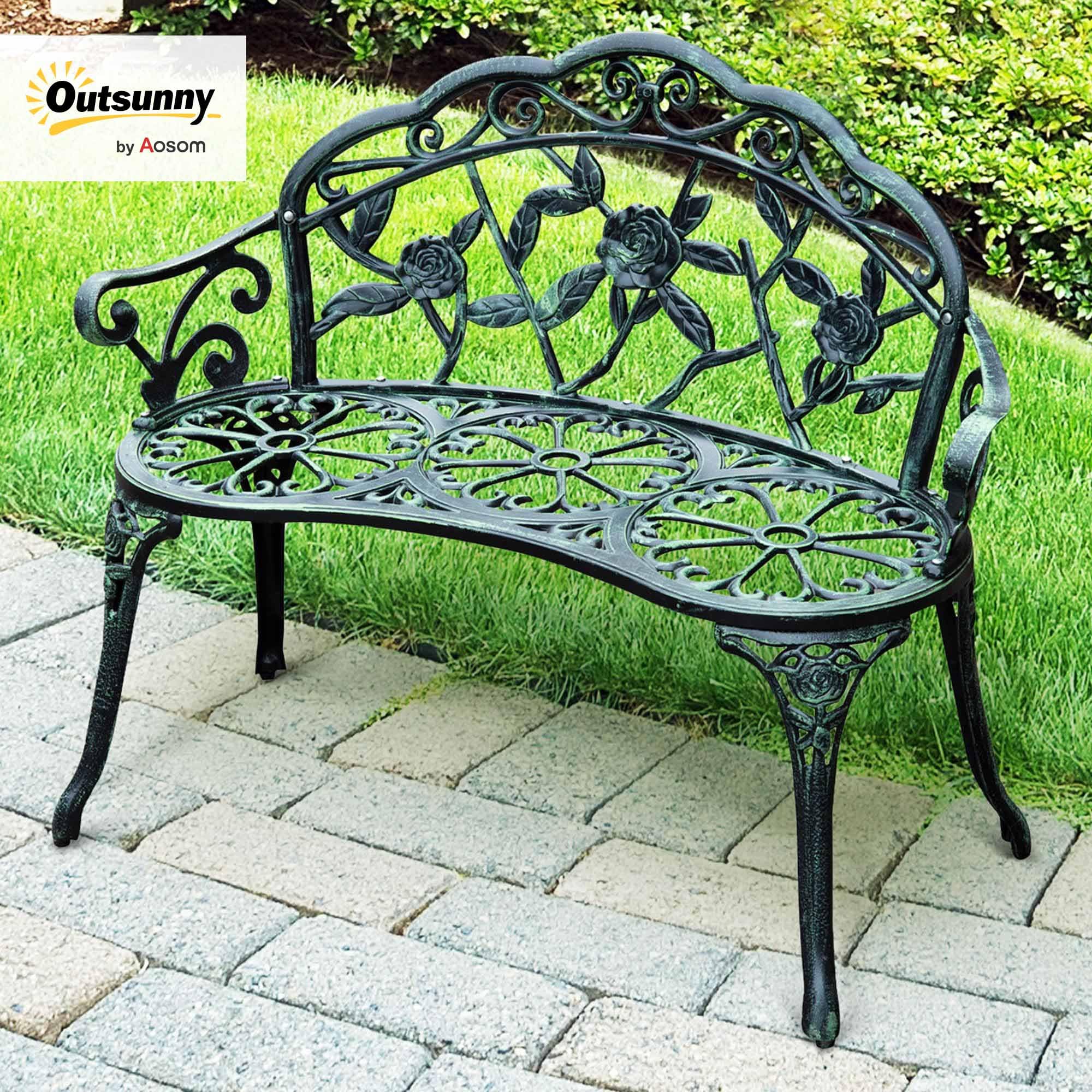 Outsunny Gartenbank 2-Sitzer aus Gussaluminium, Sitzbank im Retro Stil, Parkbank mit Blumenmuster, Balkonbank 240 kg belastbar, für Balkon Terrasse, Garten, 100 x 54 x 78 cm, Antik Grün