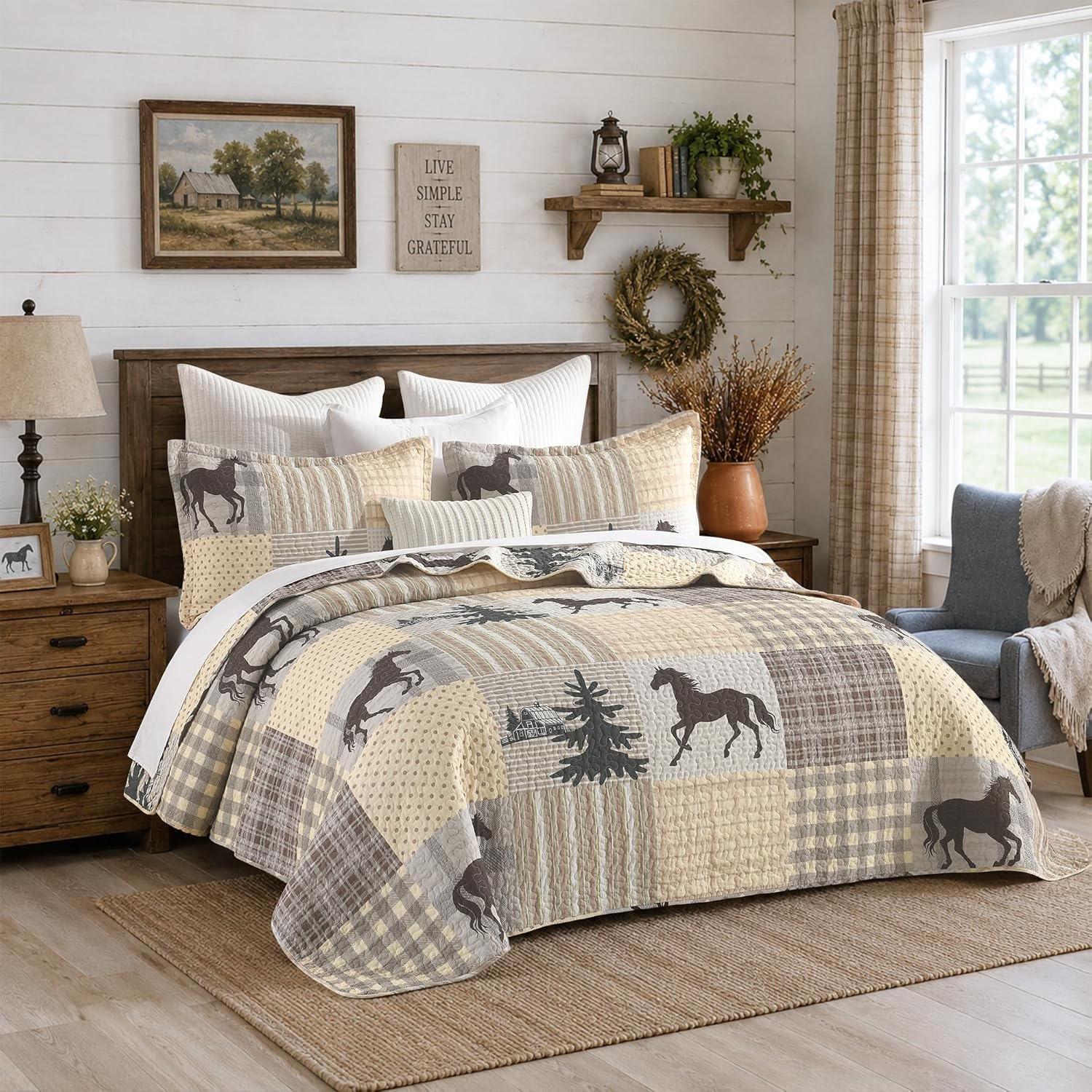 100% Cotton Patchwork King Quilt Set - Western Cowboy Horse Plaid Quilts - Rustic Country Southwestern Bedding Lightweight Bedspread 3 Pcs, Beige/Brown/Green