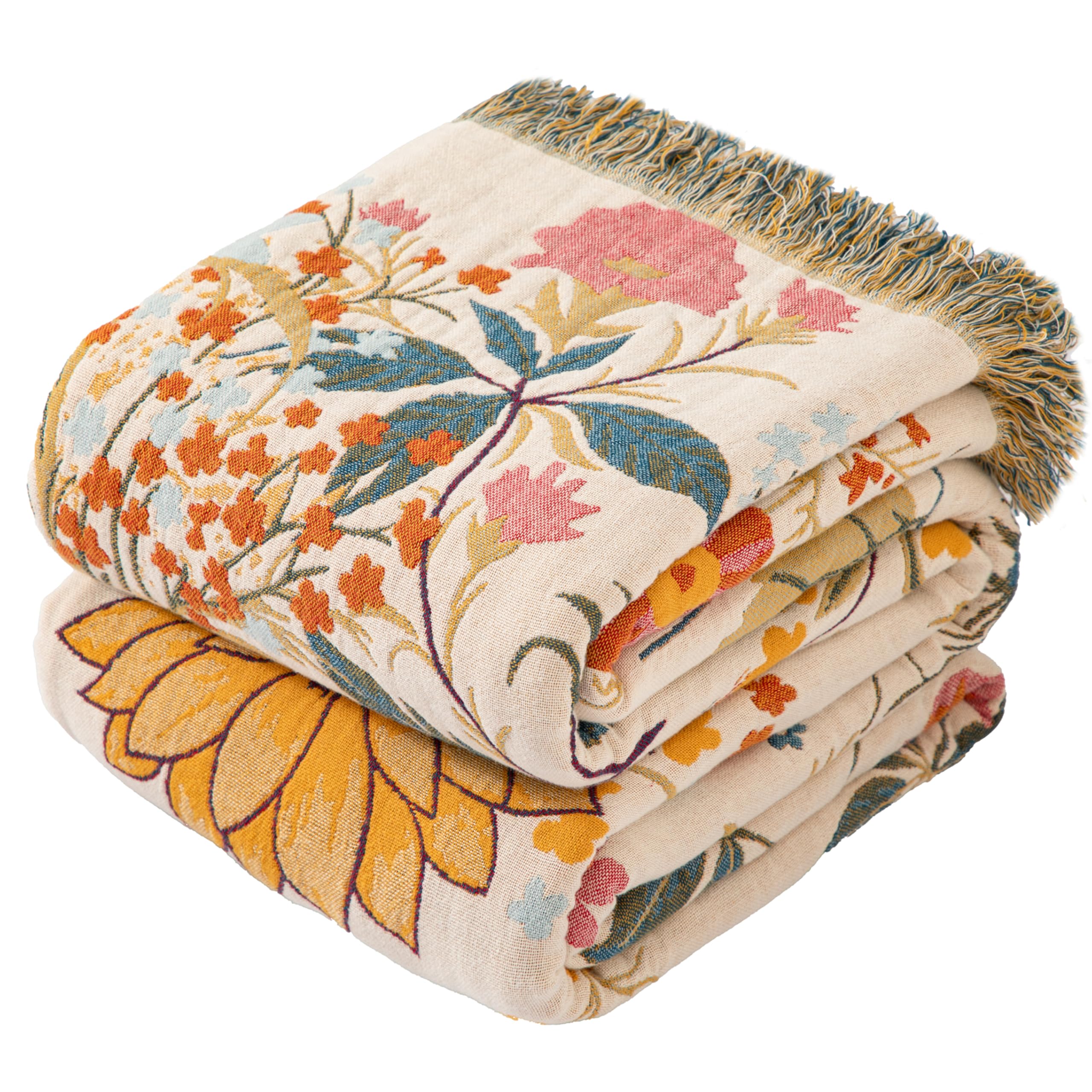 Narzuta w stylu boho z frędzlami, 100% bawełna, dwustronny muślinowy koc 150 x 200 cm, miękki, przytulny koc na sofę, oddychająca, do salonu, sypialni, do użytku przez cały rok