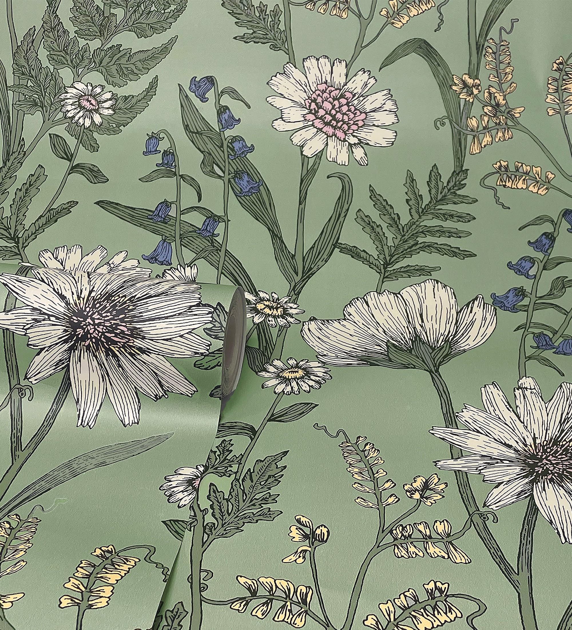 GAULAN 682381 - Papel pintado vinílico de flores silvestres con margaritas y amapolas fondo verde para pared salón cocina baño dormitorio pasillo - Rollo de 10 m x 0,52 m