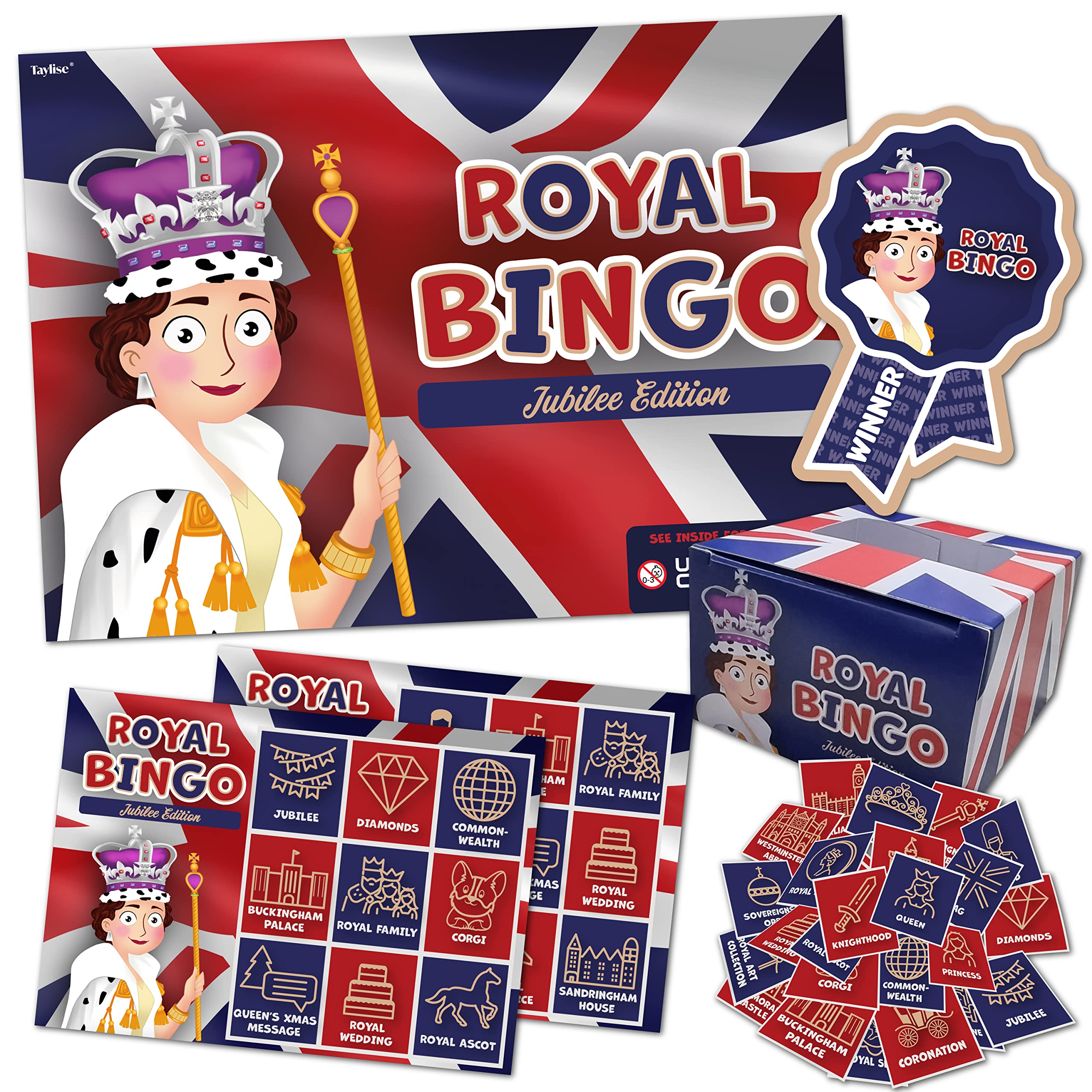 Royal Bingo – Jubilee Edition | Queens Jubilee Party Game| 20 Player | Winner Prize Rosette | Included for Queen Platinum Jubilee, Union Jack Party Supplies, Royal Party Decoration