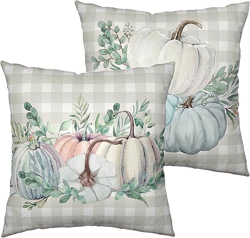 Miniatura 2 de Juego de 2 fundas de almohada otoñales de 18 x 18 pulgadas, diseño de calabaza azul y rosa, fundas de almohada de otoño a cuadros grises, decoración