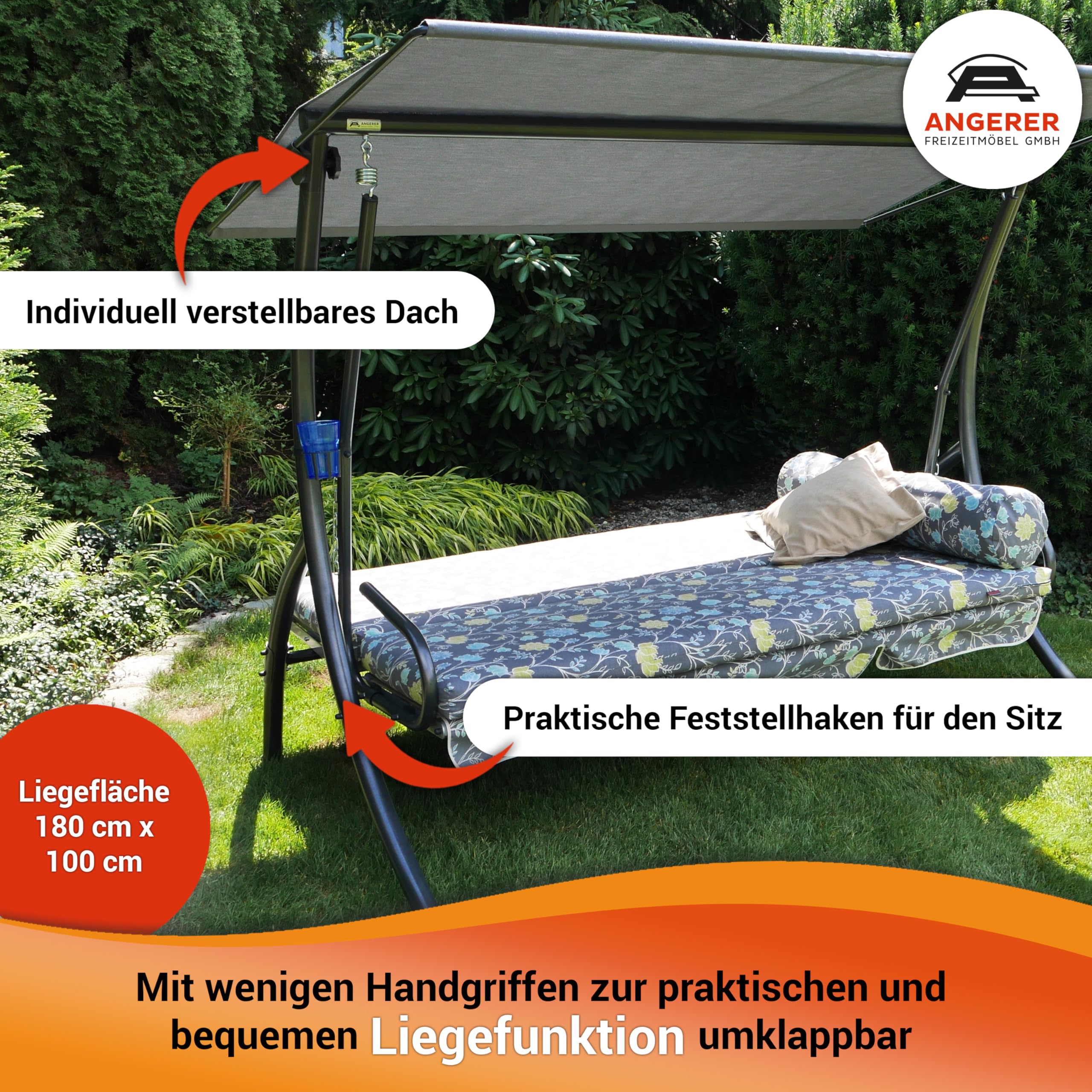 ANGERER Hollywoodschaukel Dream grün einfarbig | Gartenschaukel Made in Germany, Schaukel zum Sitzen, Liegen und Entspannen, inklusive Bett-Funktion, einfache Montage