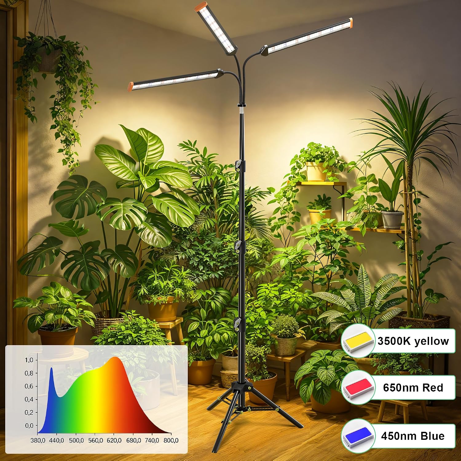 Grow Light with Stand for Indoor Plants,3500K Warm White Plant Light with Red Blue LEDs for Indoor Tall Large Plants Growing,Dimmable & Auto Timer,Height Adjustable 17-61"