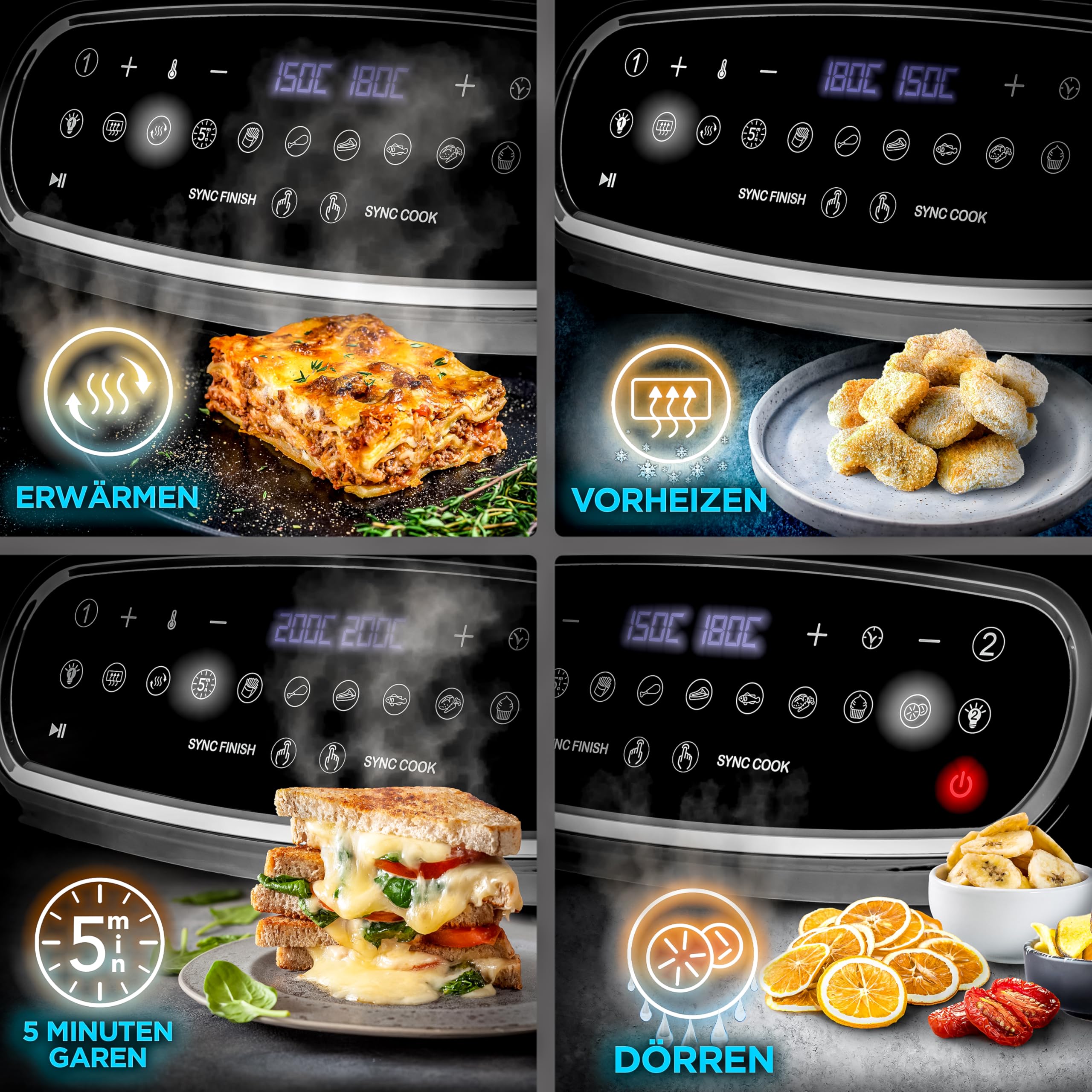 Duronic AF34 BK Heißluftfriteuse, XXL Heißluftfritteuse mit 2 Kammern für Pommes, Friteuse HLF 10L Volumen Airfryer, Air Fryer für Rezepte ohne Öl