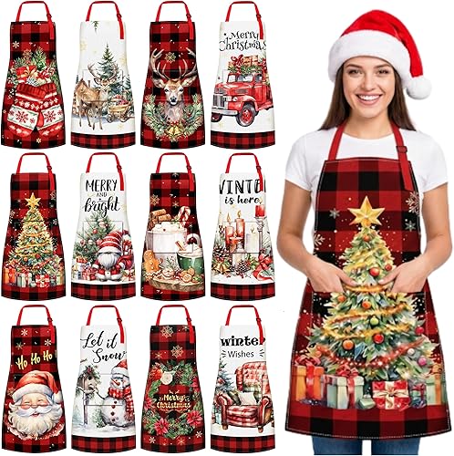 12 delantales de Navidad a granel divertidos delantales ajustables con bolsillos, vintage, Navidad, cocina, hornear, regalo para mujeres