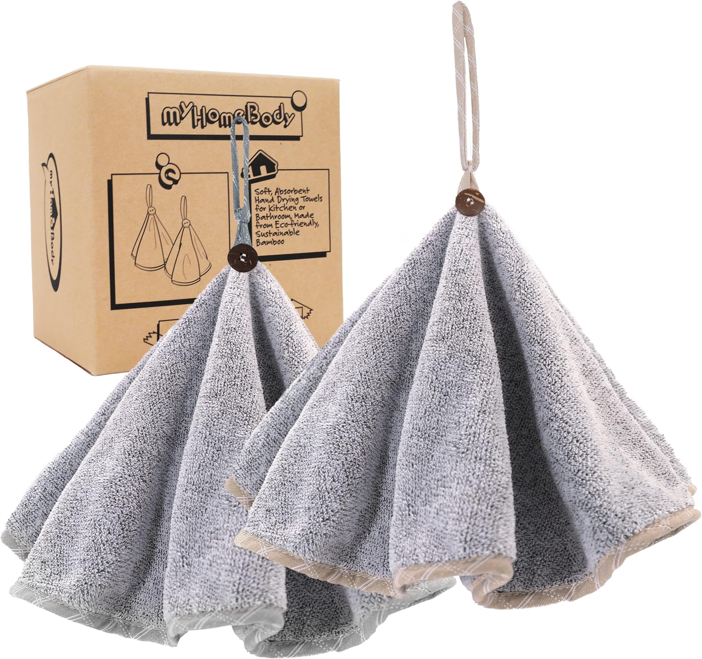 Hand Towels with Hanging Loops, Absorbent Charcoal Fiber Cleaning Clothes with Coconut Shell Button for Kitchen, Round Shape, Set of 2, Grey