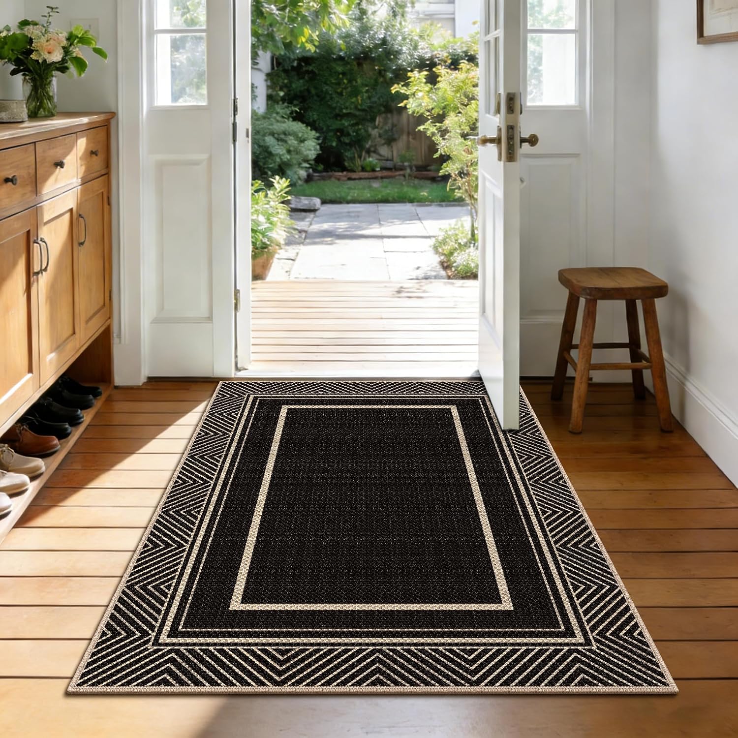 Capslpad Faux Jute 3x5 Outdoor Rug, Geometry Line Patio Rug, Washable Front Porch Rug, Farmhouse Non-Slip Entryway Rugs for Indoor Outdoor, Black Base