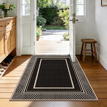 Capslpad Faux Jute 3x5 Outdoor Rug, Geometry Line Patio Rug, Washable Front Porch Rug, Farmhouse Non-Slip Entryway Rugs for Indoor Outdoor, Black Base