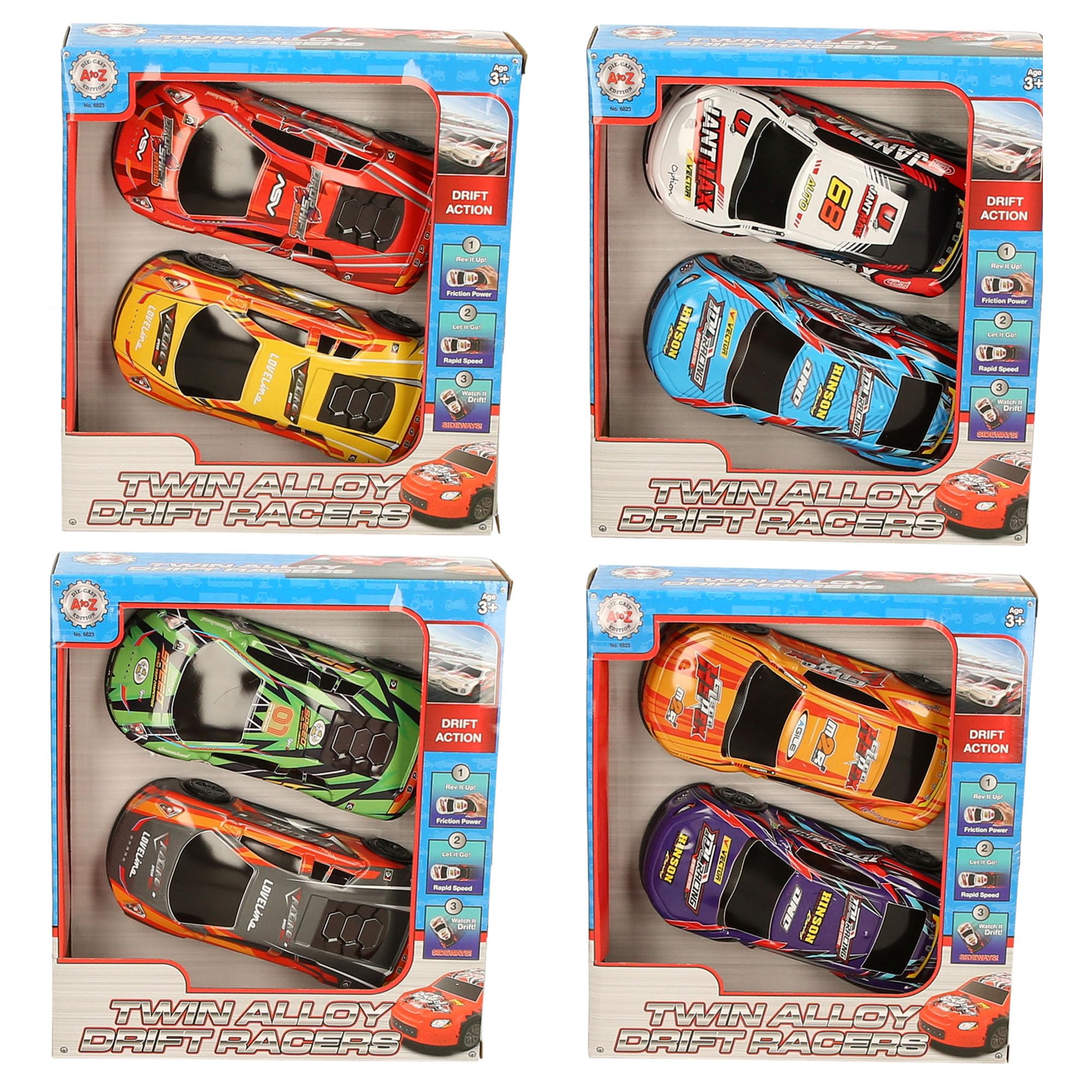 Twin Alloy Drift Racers, 2-Pack Racing Cars with Friction Power, Drift Action Mode, Age 3+, Multiple - Red, Yellow, Blue, Green, Orange, Purple