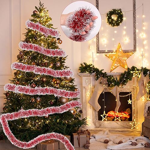 Miniatura 4 de Guirnalda de oropel de Navidad roja de 50 pies para decoración de árbol de Navidad, guirnalda colgante brillante de Navidad para chimenea,