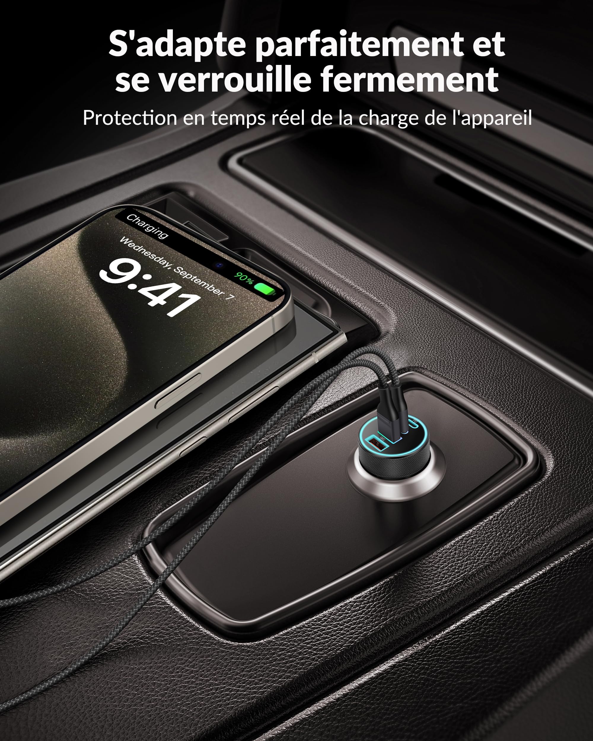 Chargeur Allume Cigare USB C, 90W 4-Port Double 45W USB-C/A avec Câble | PD/QC Prise 12V, Chargeur Rapide Voiture, Adaptateur Alumencigare, pour iPhone 17 Air 16 15 Pro Max, Samsung S26 S25, Pixel