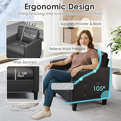 Miniatura 5 de STHOUYN Juego de 2 sillas decorativas, silla de piel sintética negra, sillas modernas de mediados de siglo, acogedora silla de lectura de oficina