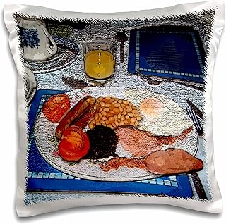 3D Rose Traditional English Breakfast of Juice-Beans-Blood Pudding-Fried Eggs-Sausage & Tomato's Textured Design Pillowcase, 16" x 16"