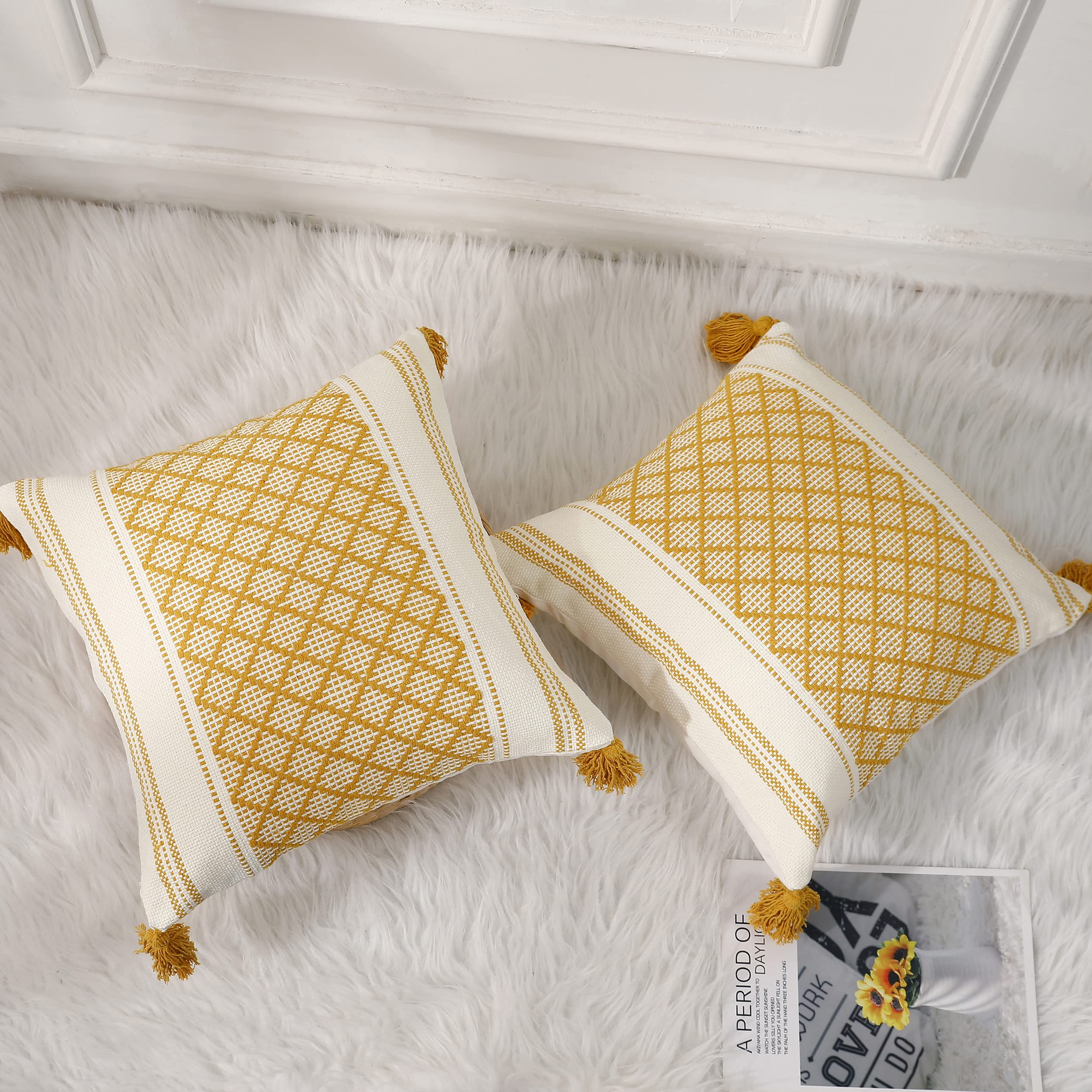 PANOD Gestrickter Boho-Kissenbezug, natürliche Baumwolle, handgewebt, getuftet, dekorative Quaste, quadratisch, Kissenbezug für Couch, Sofa, Schlafzimmer, Wohnzimmer, Bauernhaus, 50,8 x 50,8 cm, Gelb