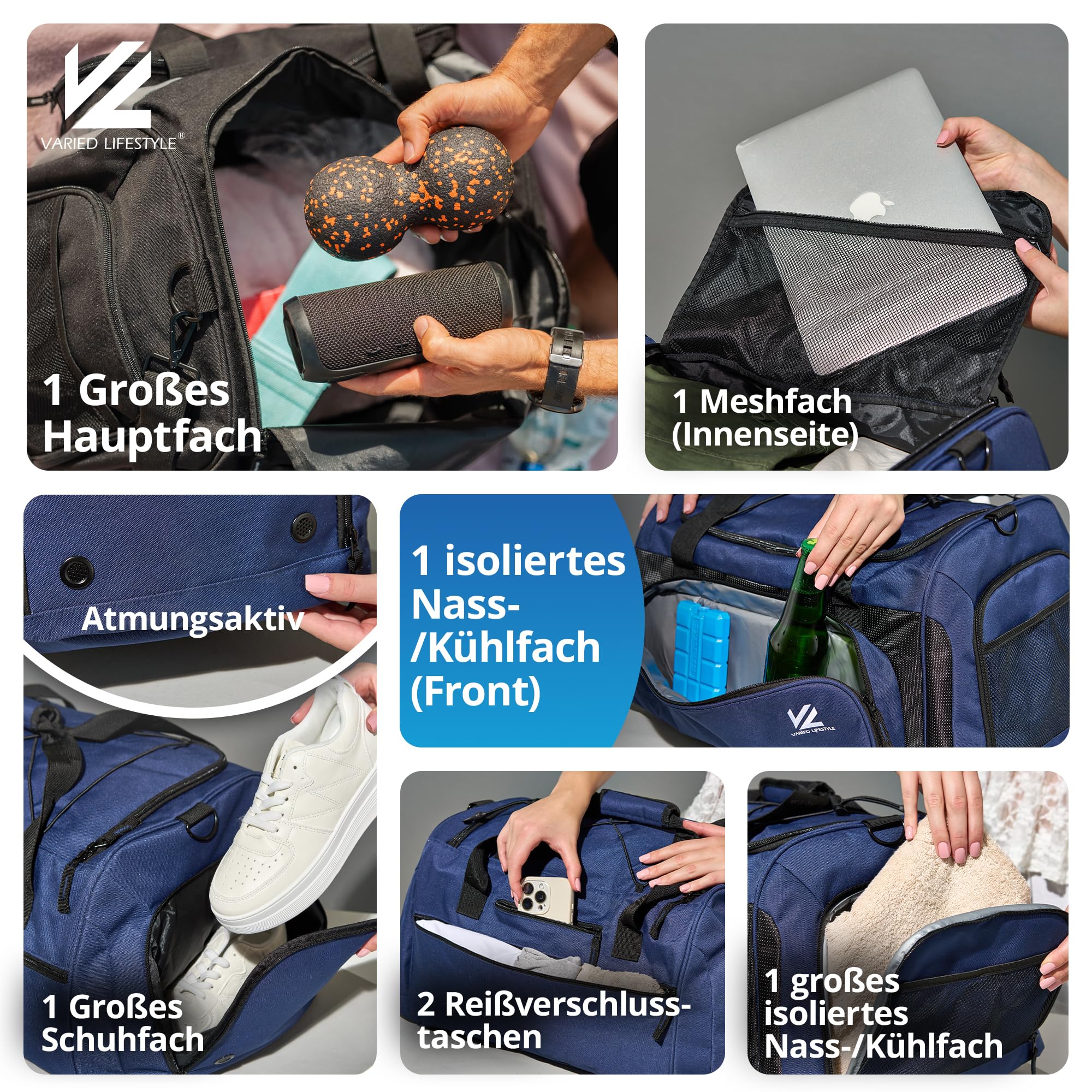 VL® Sporttasche Groß mit Schuhfach, Nassfach & [Isoliertes Kühlfach] Saunatasche & Reisetasche für Damen & Herren Gym Bag, Gym Tasche, Fitnesstasche, Trainingstasche, Schwimmtasche XL 70L Blau-Schwarz