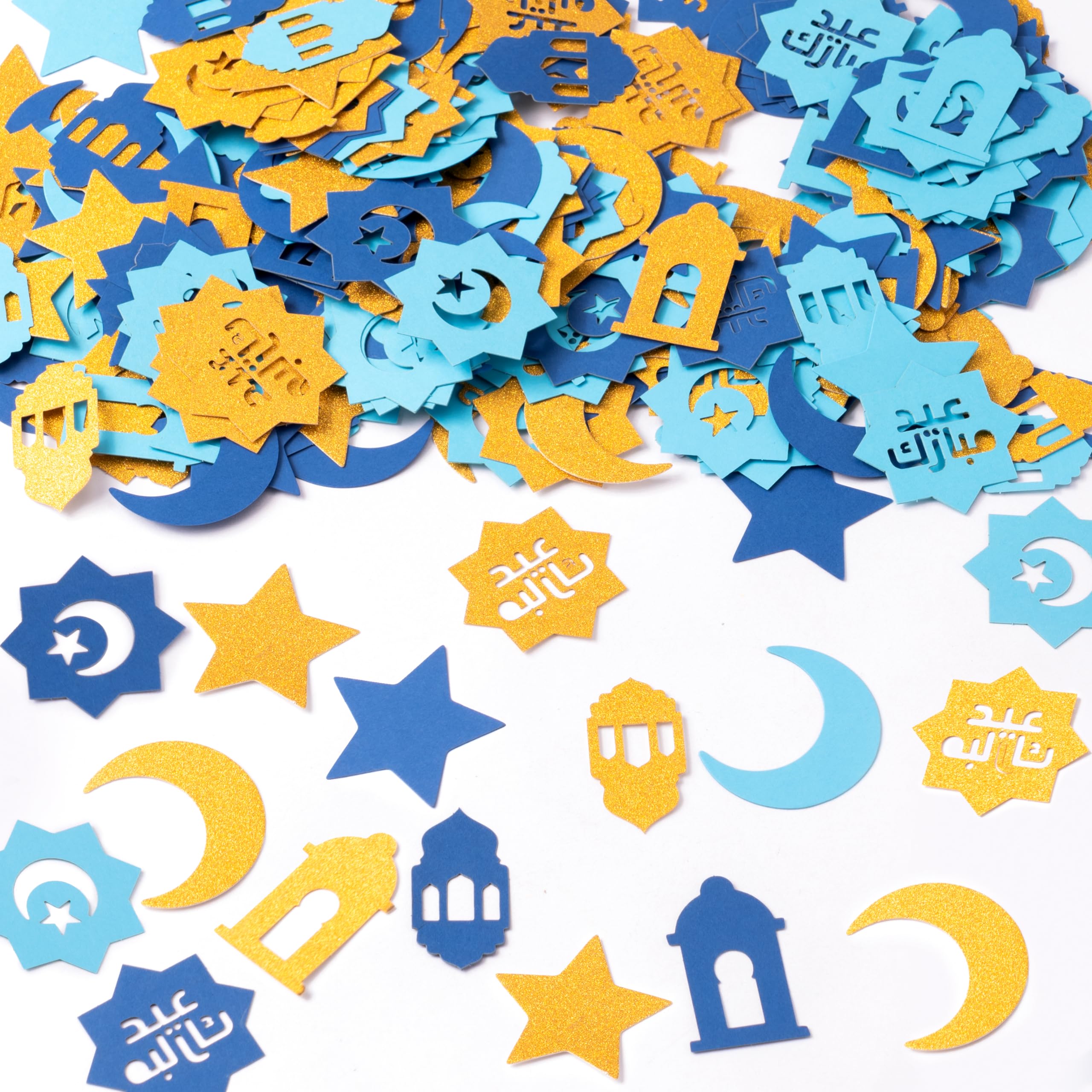 BeYumi 300Pcs Eid Ramadan Mubarak Blue Gold Table Confetti Decorations Glitter Twinkle Star Moon Lantern Mosque Confetti Decoration Birthday Wedding Bridal Baby Shower Party Decor Lasting Surprise