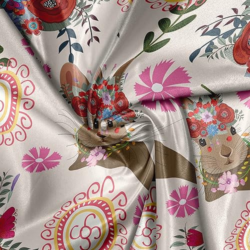 Miniatura 4 de Ambesonne Floral Fabric by The Yard, Composition of Spring Flower Bouquets Round Doodle Ornament and Bunny with Headdress, Decorative Satin Fabric