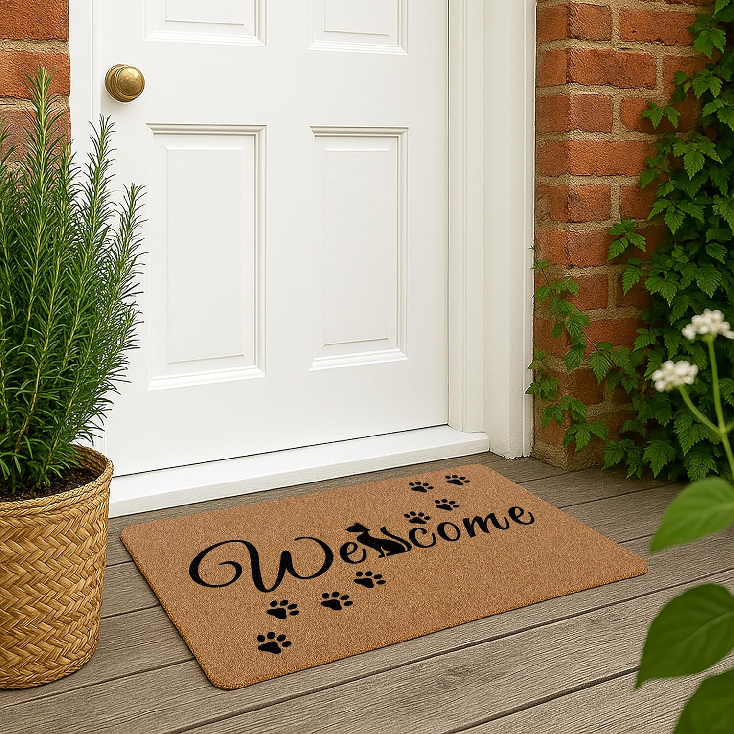 Black Cat Welcome Doormat, Cute Funny Cat Outside Front Door Mat for Indoor/Outdoor Entrance, Rustic Artificial Coir Door Mat Rug for Cat Lovers, Porch Entry Patio Kitchen Decor 30x17in