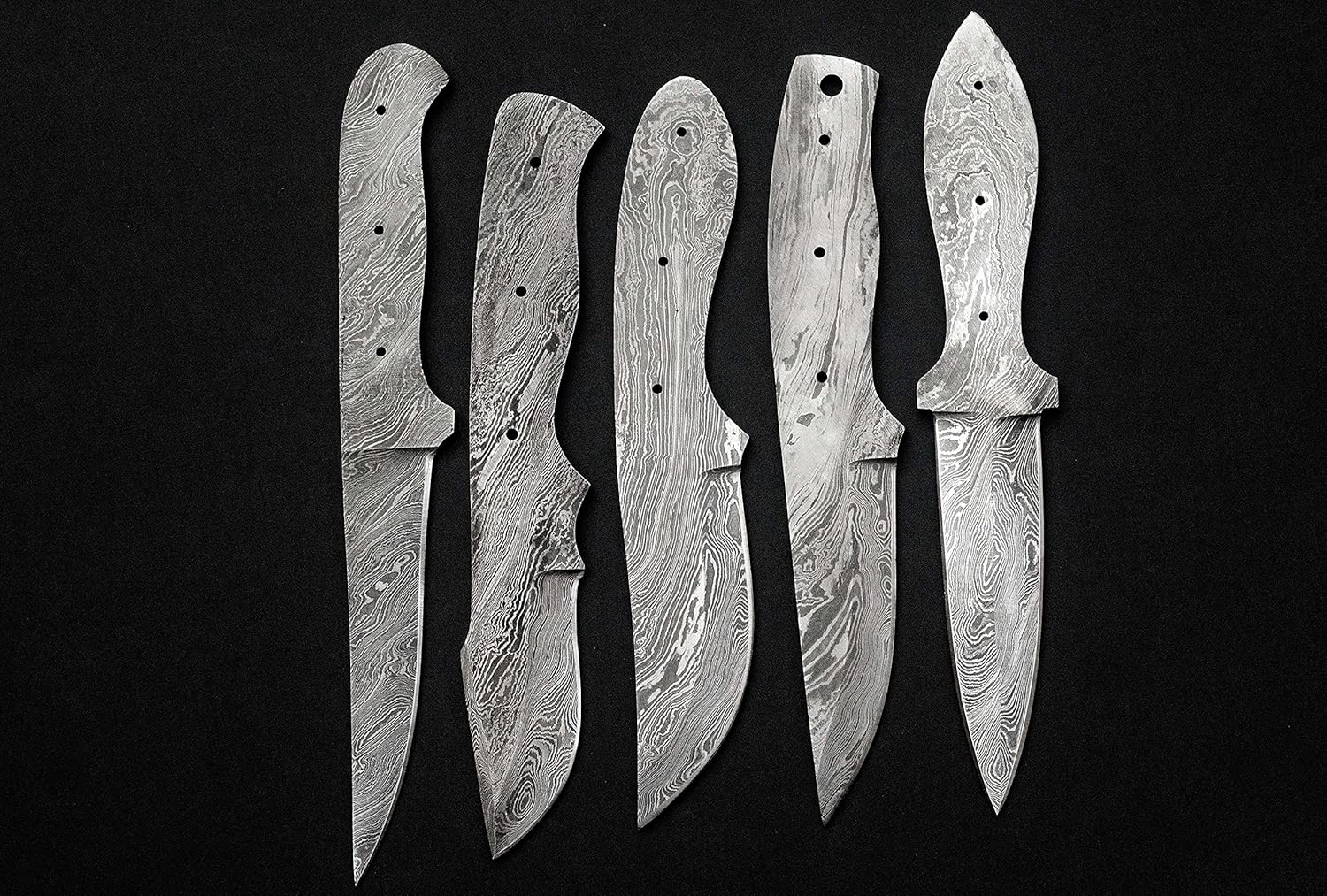 5 pieces set of 8 to 9.5 inches long hand forged twist pattern Damascus steel blank blade skinning knife set, Over all 44 inches long blades compact pocket knife blanks, knife making supplies
