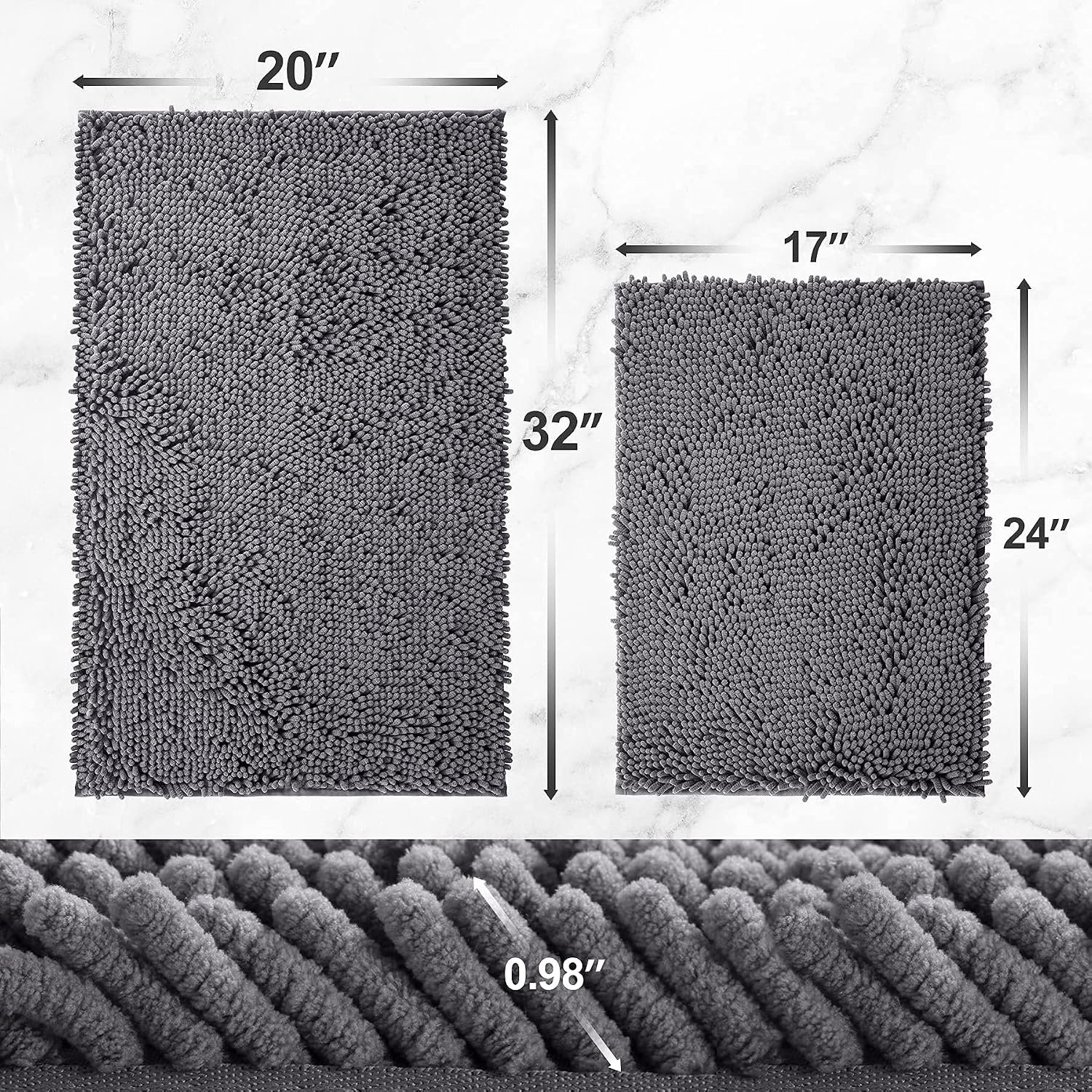 AmazerBath Chenille Bathroom Rugs Sets 2 Piece Bath Mat Set, 32x20 Inches Plus 24x17 Inches, Non-Slip Bath Mats for Bathroom, Ultra Water Absorbent Machine Washable (Grey)